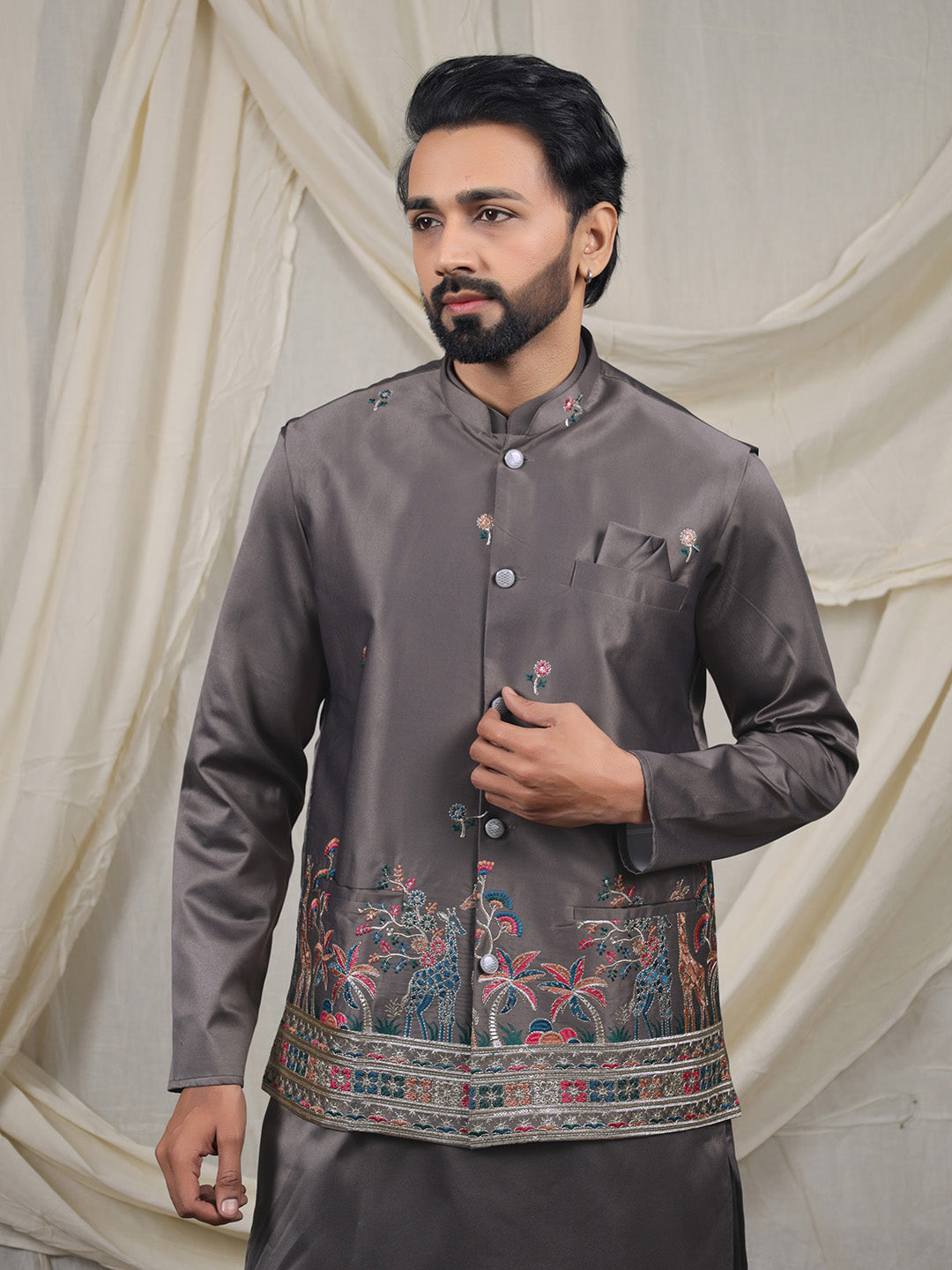 Grey Silk Blend Embroidered Ethnic Set