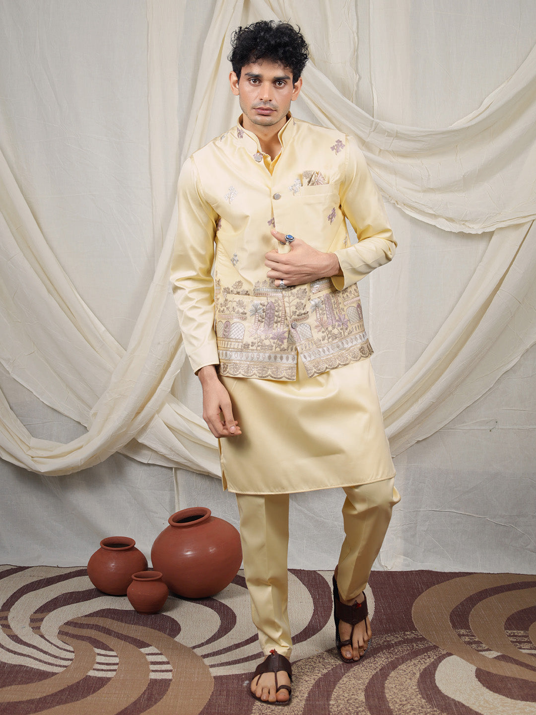 Yellow Silk Blend Embroidered Ethnic Set