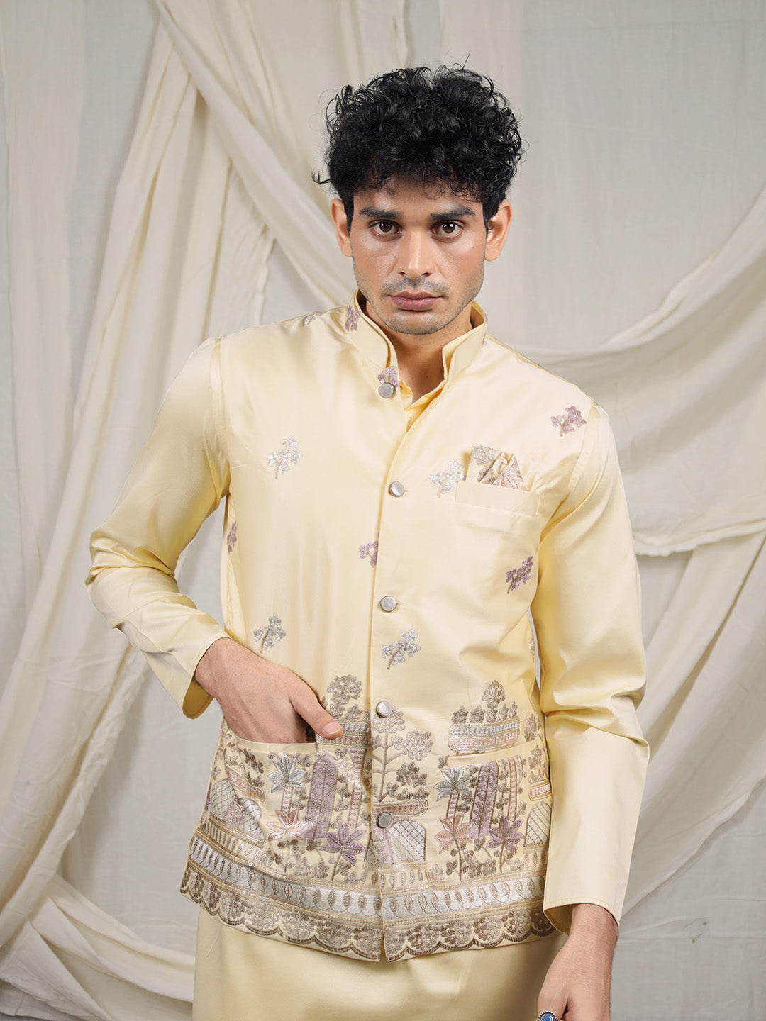 Yellow Silk Blend Embroidered Ethnic Set