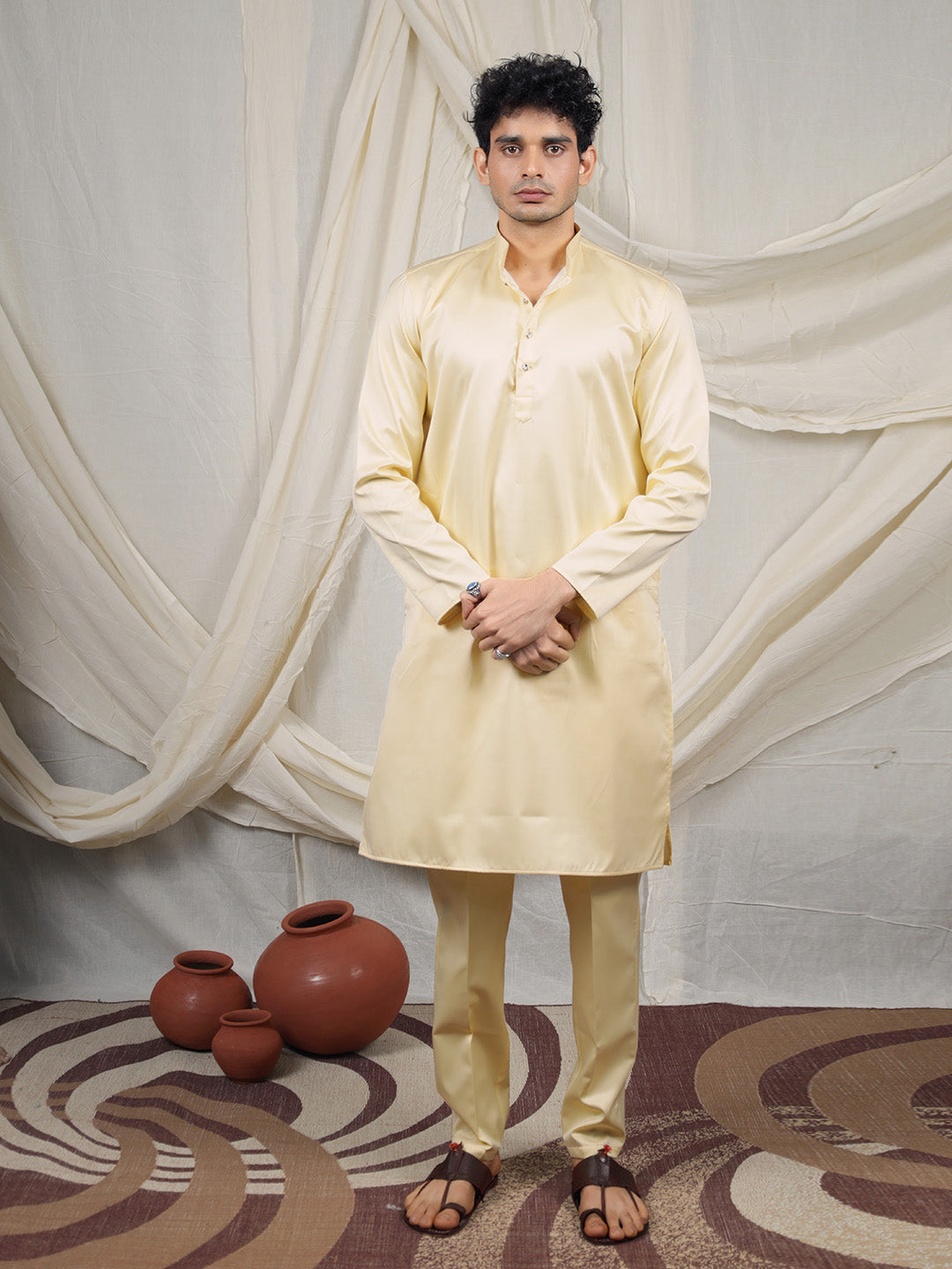 Yellow Silk Blend Embroidered Ethnic Set