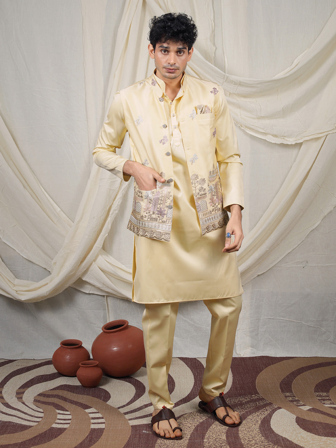 Yellow Silk Blend Embroidered Ethnic Set