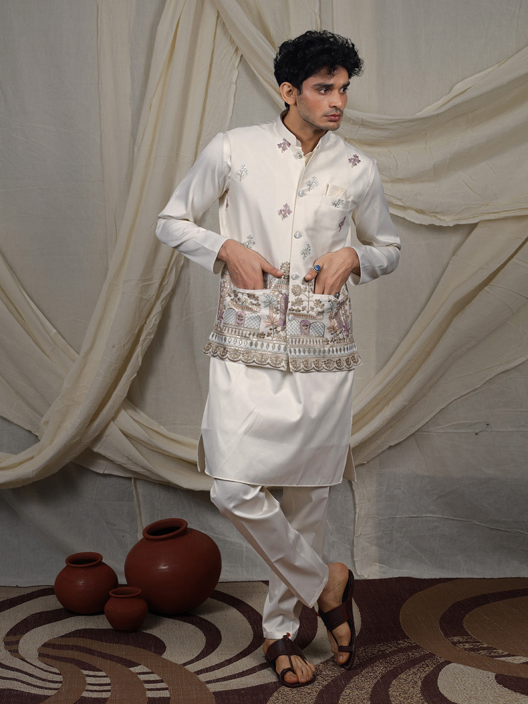 Off-White Silk Blend Embroidered Ethnic Set