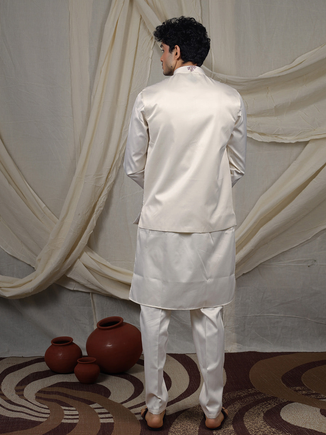 Off-White Silk Blend Embroidered Ethnic Set