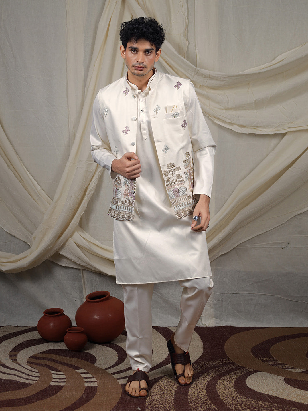 Off-White Silk Blend Embroidered Ethnic Set