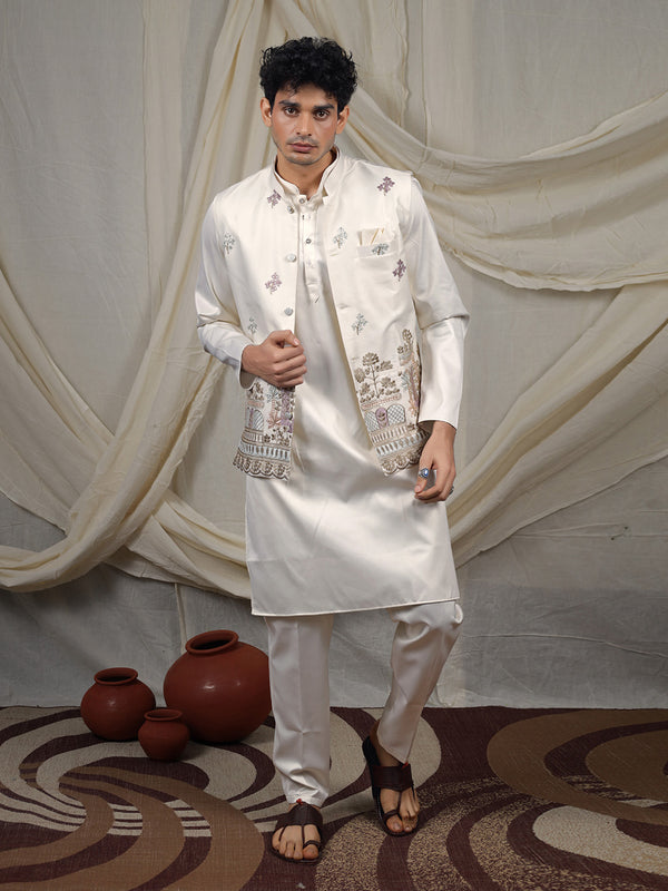 Off-White Silk Blend Embroidered Ethnic Set