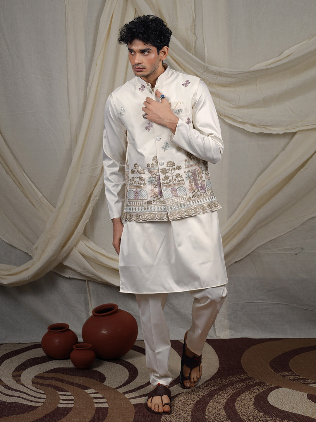 Off-White Silk Blend Embroidered Ethnic Set