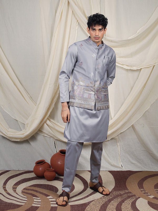 Grey Silk Blend Embroidered Ethnic Set