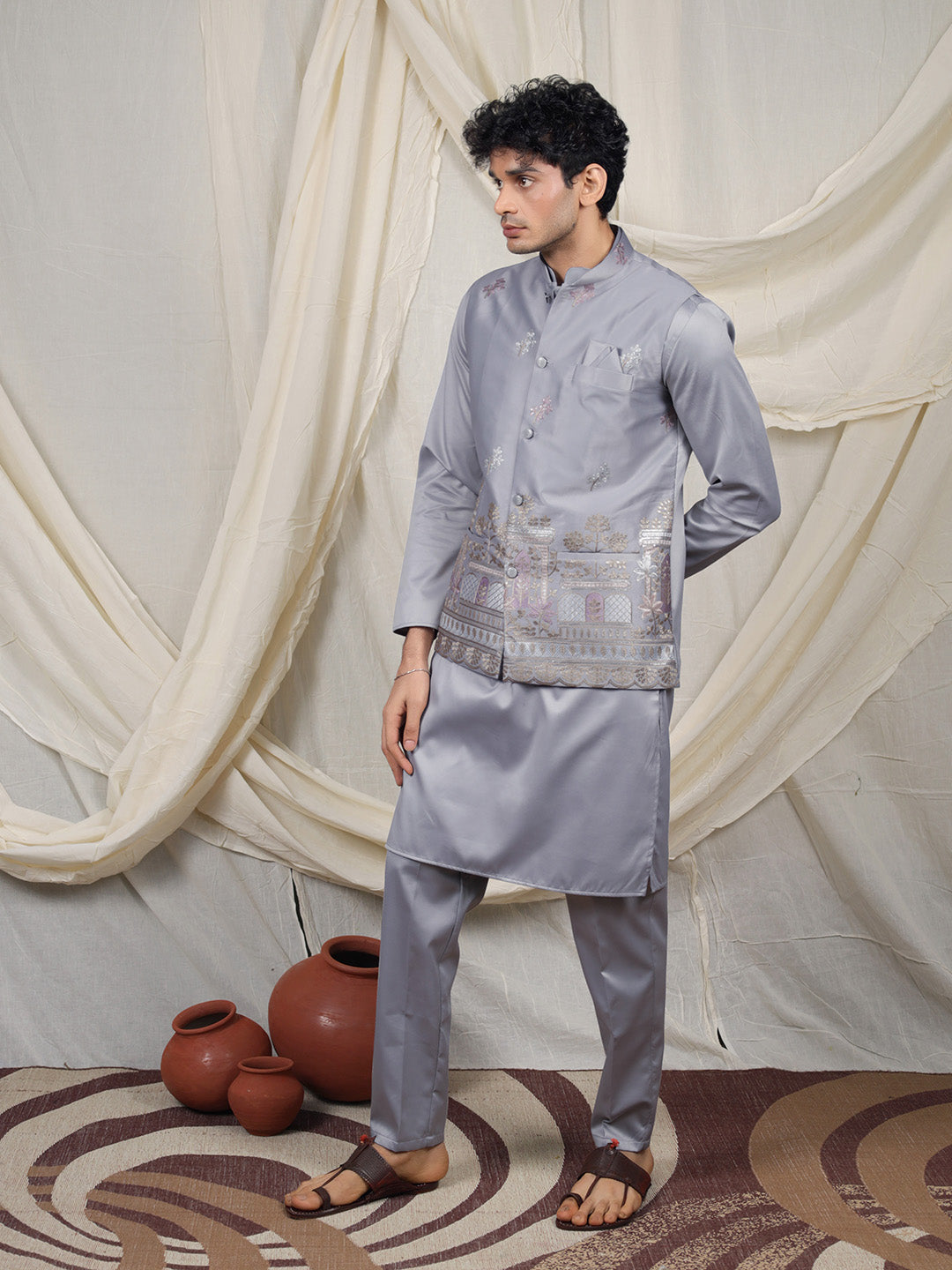 Grey Silk Blend Embroidered Ethnic Set