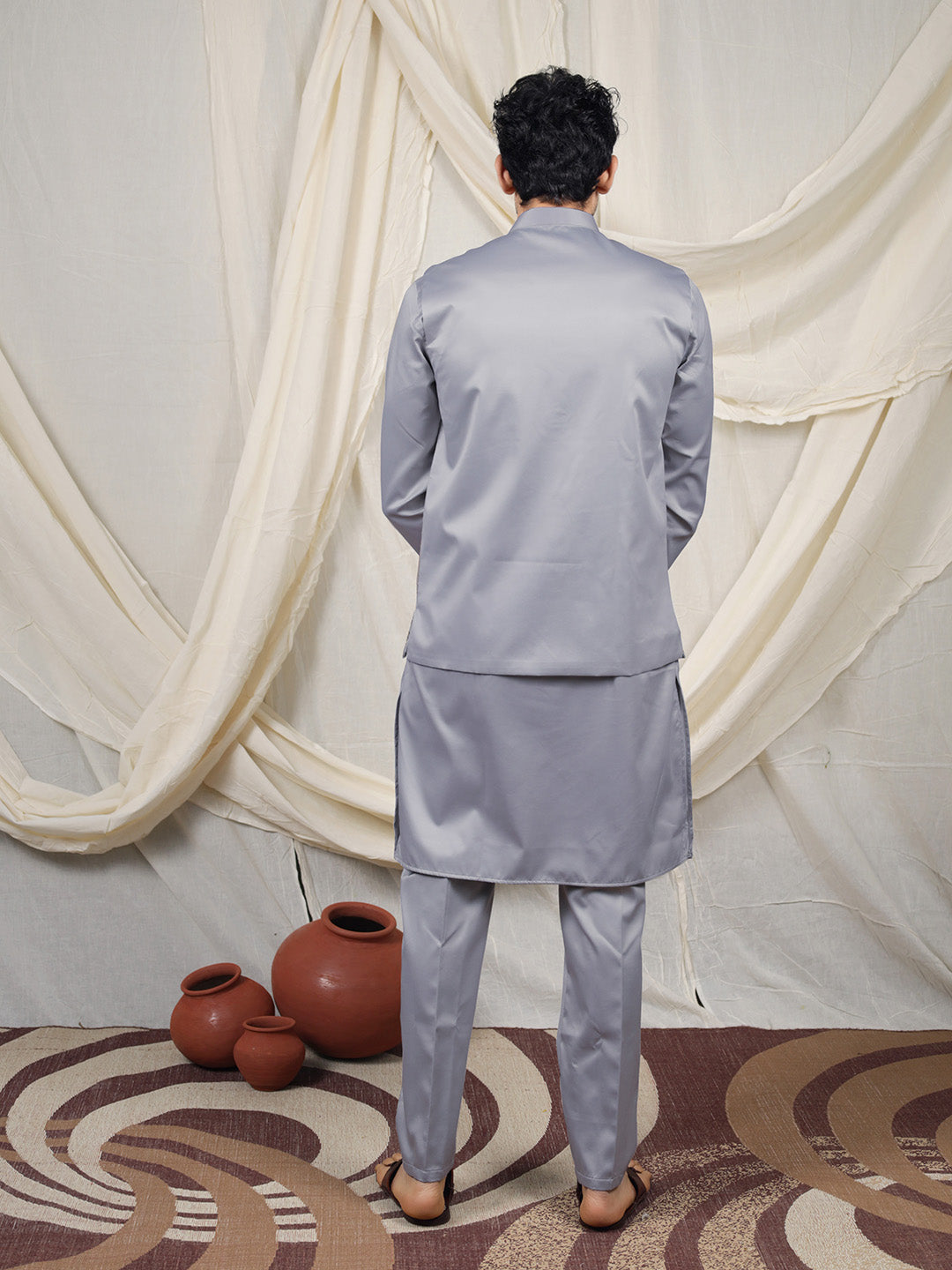 Grey Silk Blend Embroidered Ethnic Set