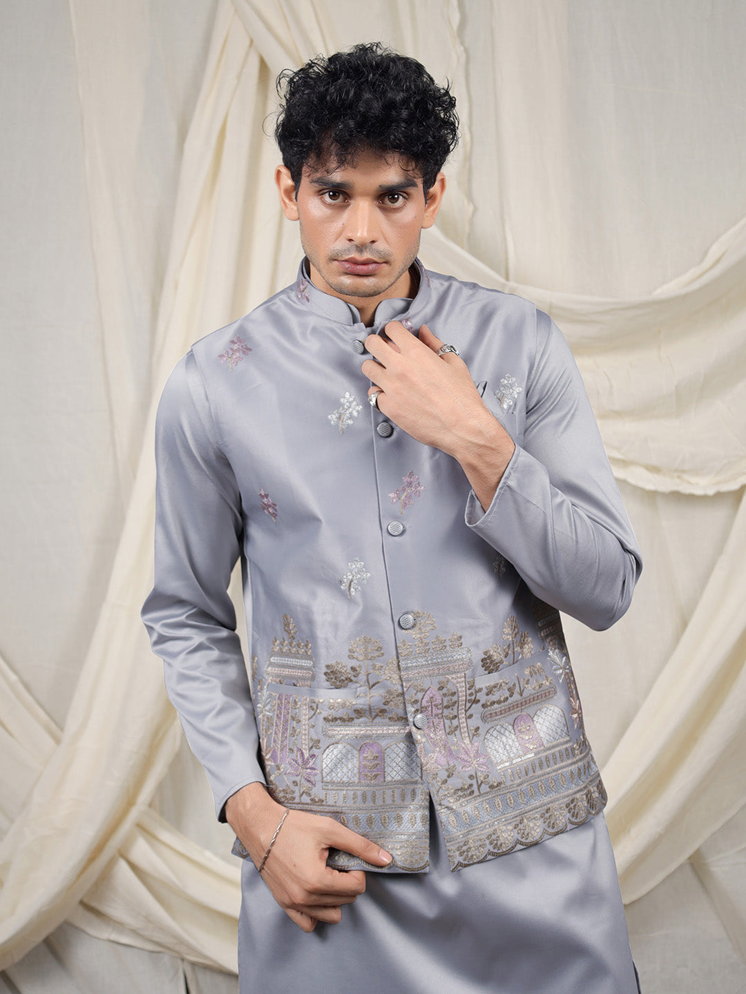 Grey Silk Blend Embroidered Ethnic Set