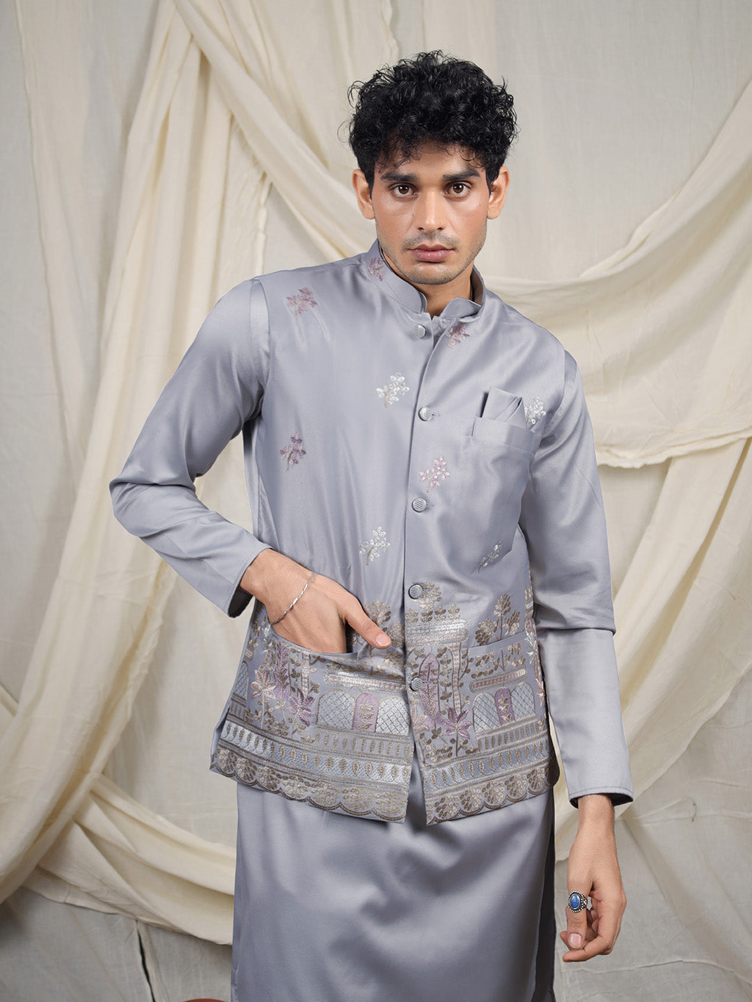 Grey Silk Blend Embroidered Ethnic Set