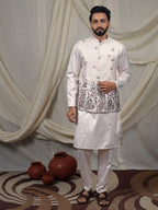 Off-White Silk Blend Embroidered Ethnic Set