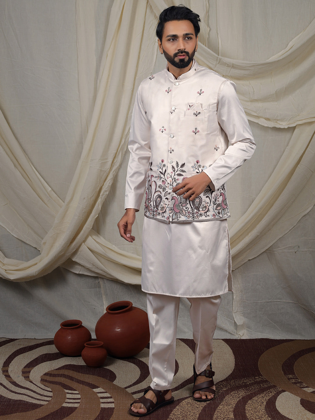 Off-White Silk Blend Embroidered Ethnic Set