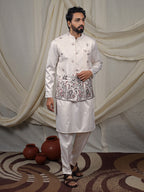 Off-White Silk Blend Embroidered Ethnic Set