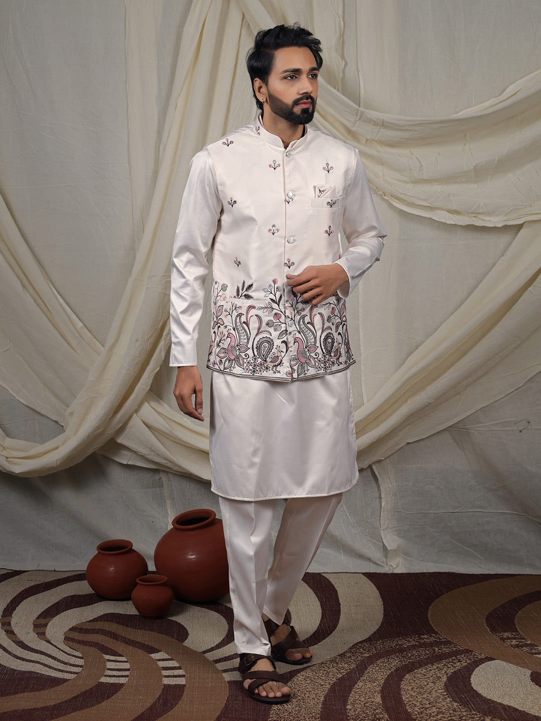 Off-White Silk Blend Embroidered Ethnic Set