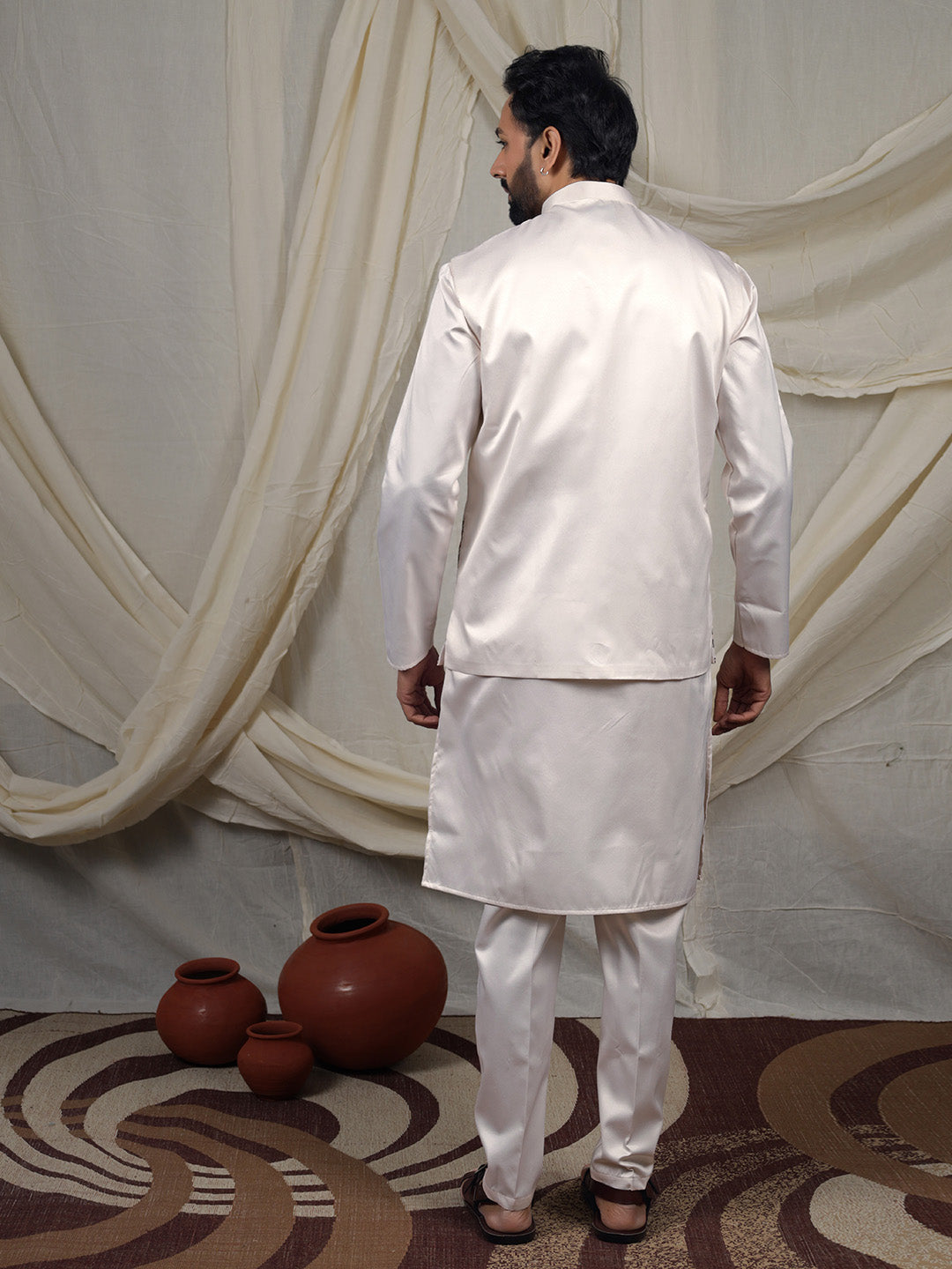 Off-White Silk Blend Embroidered Ethnic Set