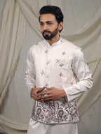 Off-White Silk Blend Embroidered Ethnic Set