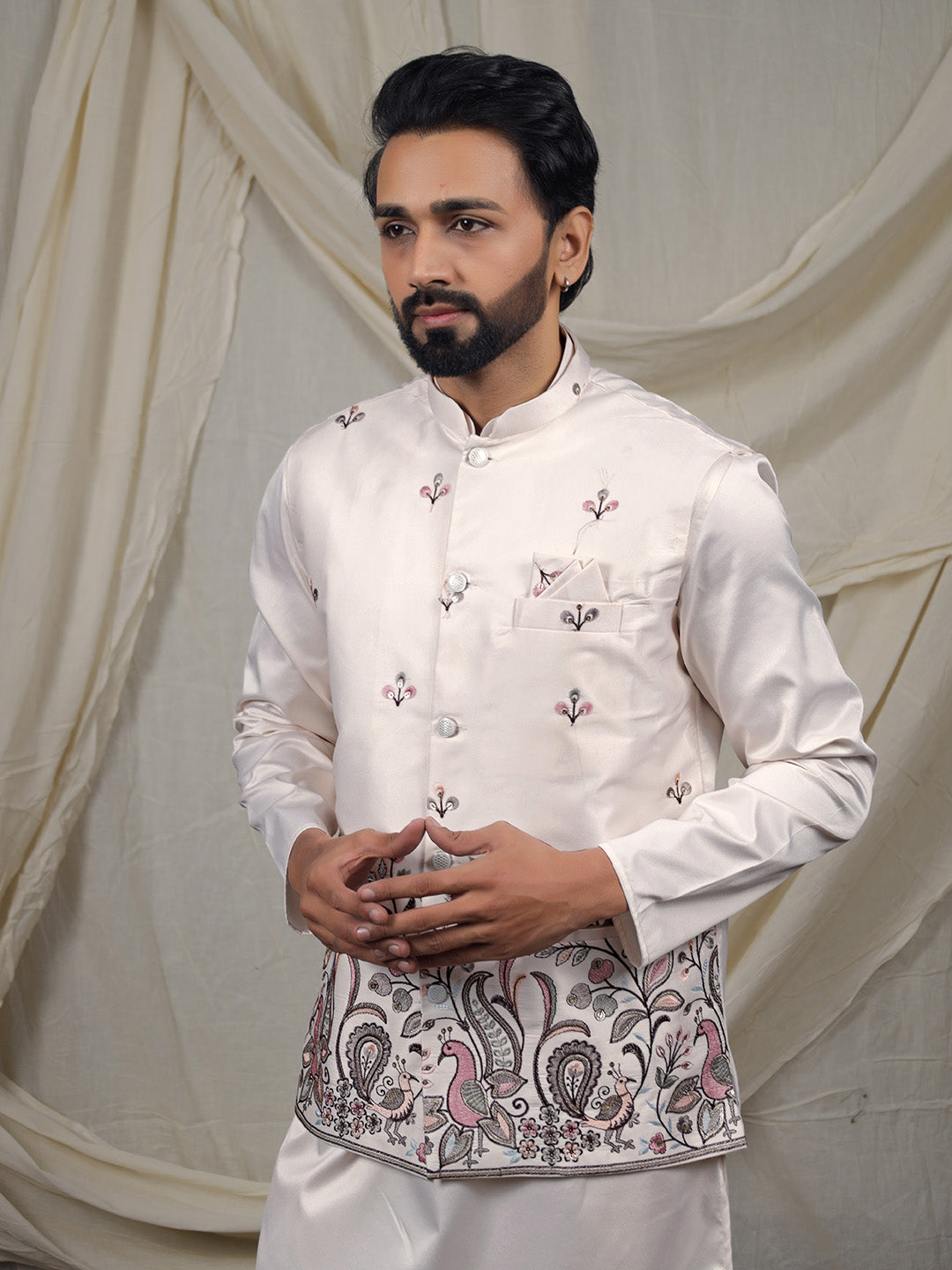 Off-White Silk Blend Embroidered Ethnic Set