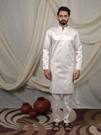 Off-White Silk Blend Embroidered Ethnic Set