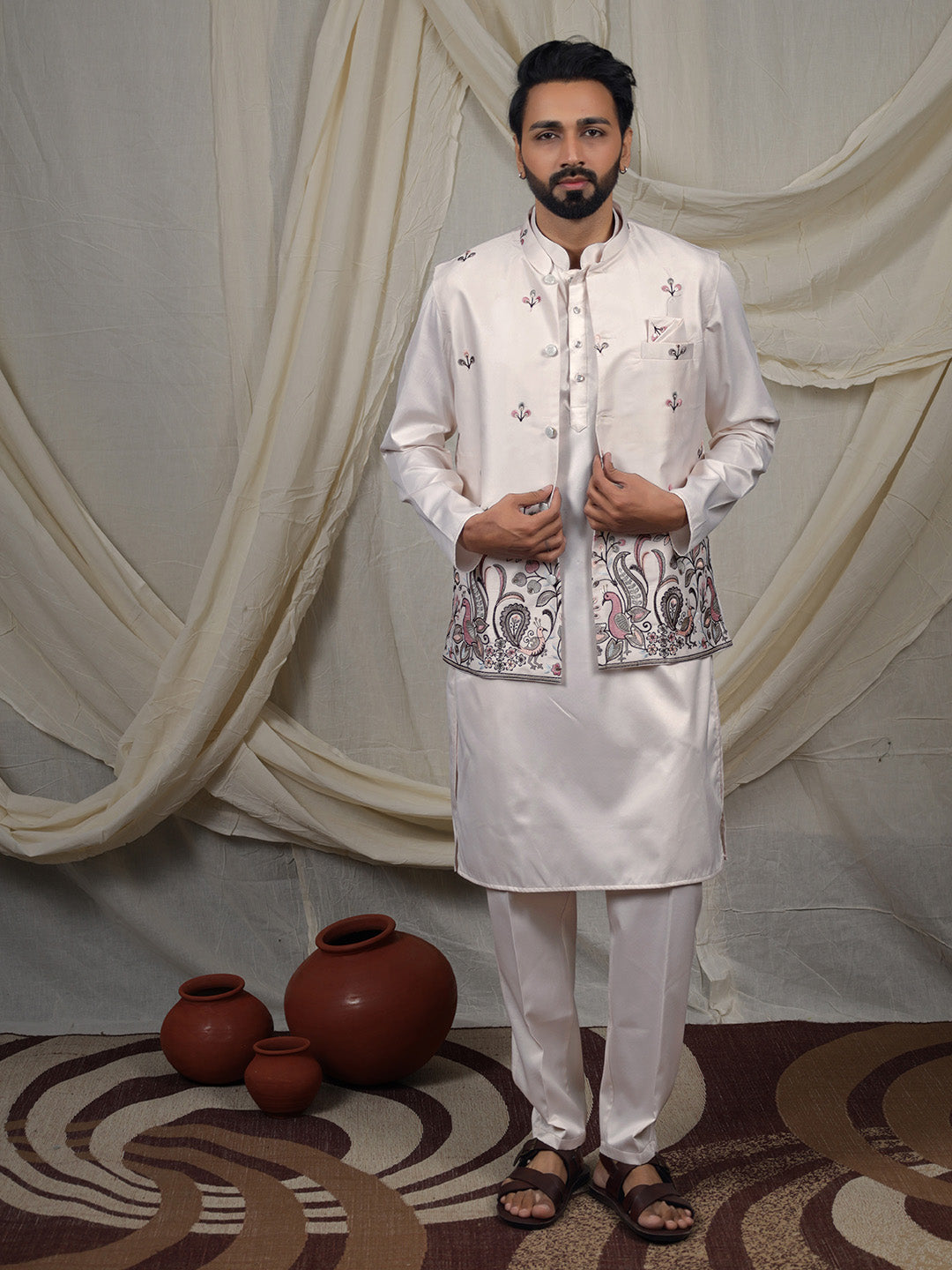 Off-White Silk Blend Embroidered Ethnic Set