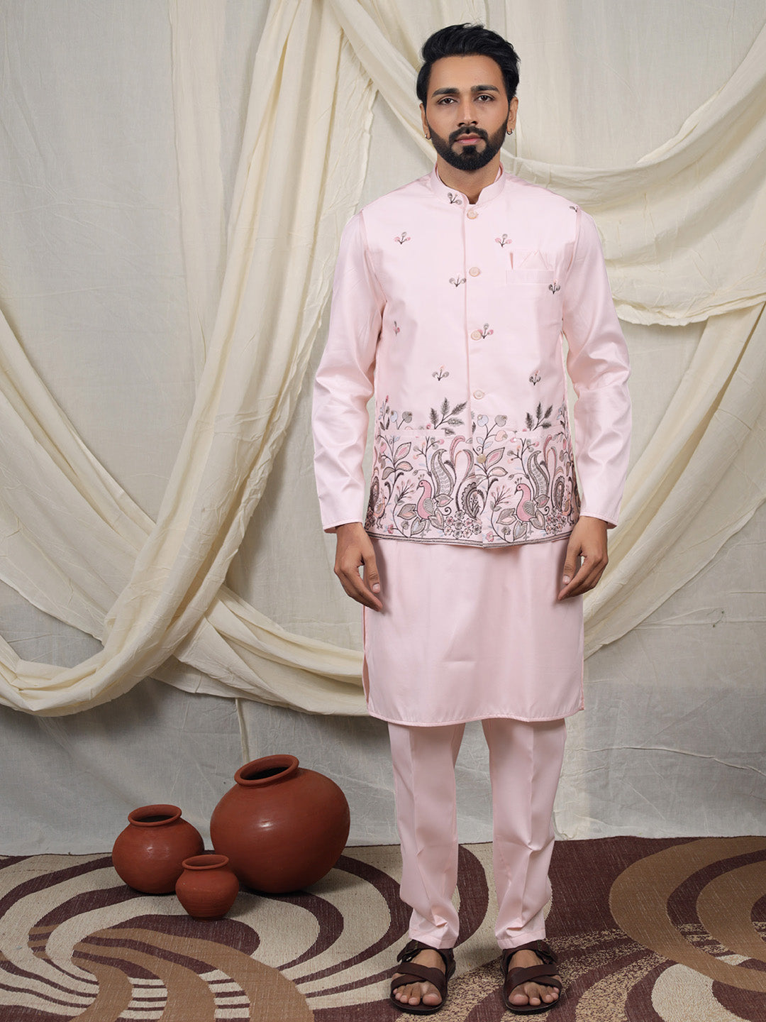 Pink Silk Blend Embroidered Ethnic Set