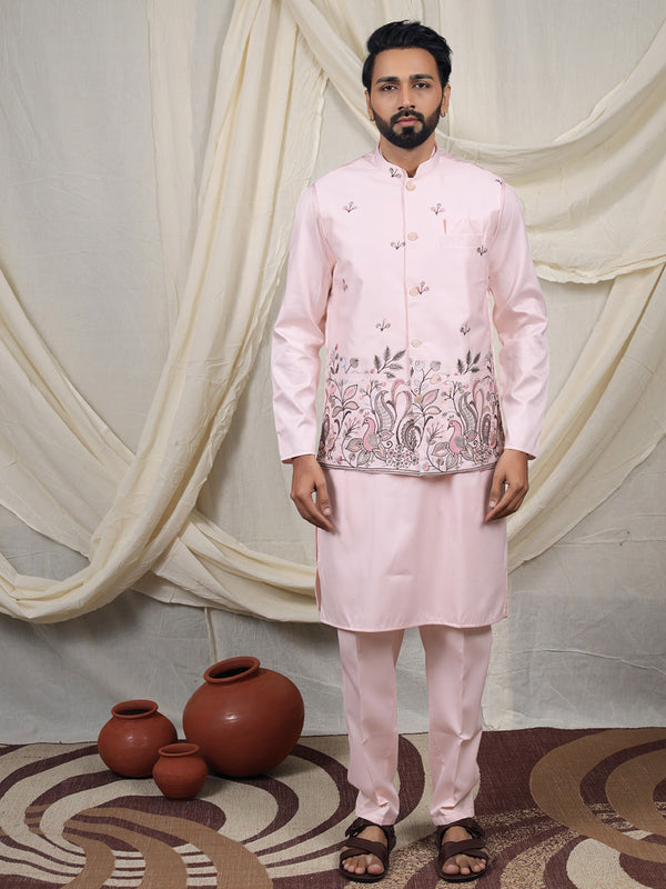 Pink Silk Blend Embroidered Ethnic Set