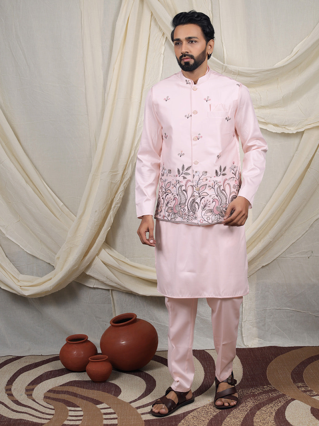 Pink Silk Blend Embroidered Ethnic Set