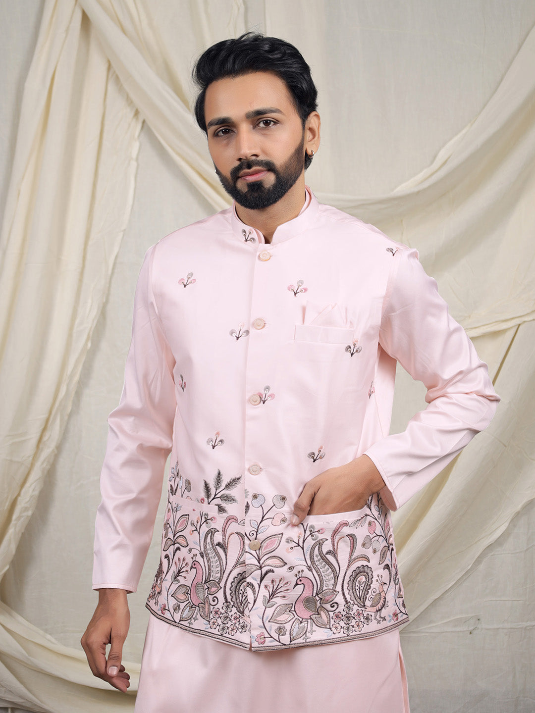 Pink Silk Blend Embroidered Ethnic Set