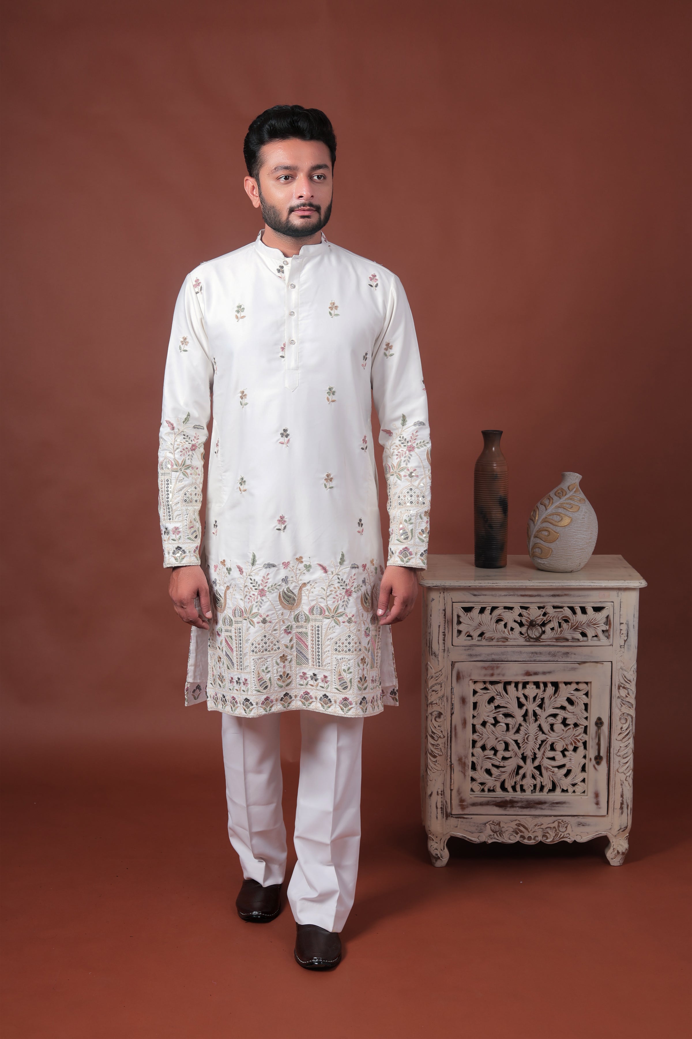 White Satin Kurta with Multicolor Embroidery