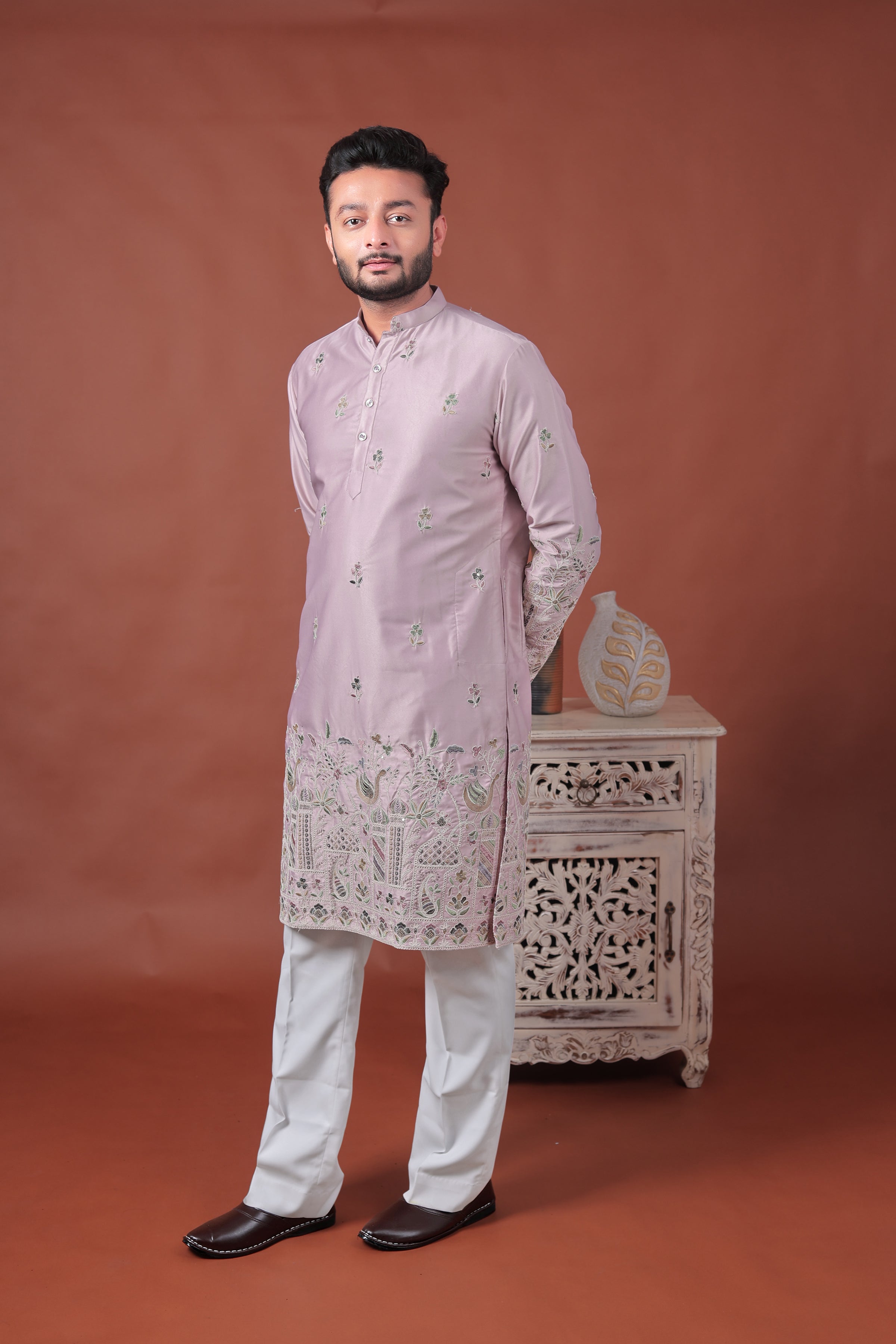 Pink Satin Kurta with Multicolor Embroidery