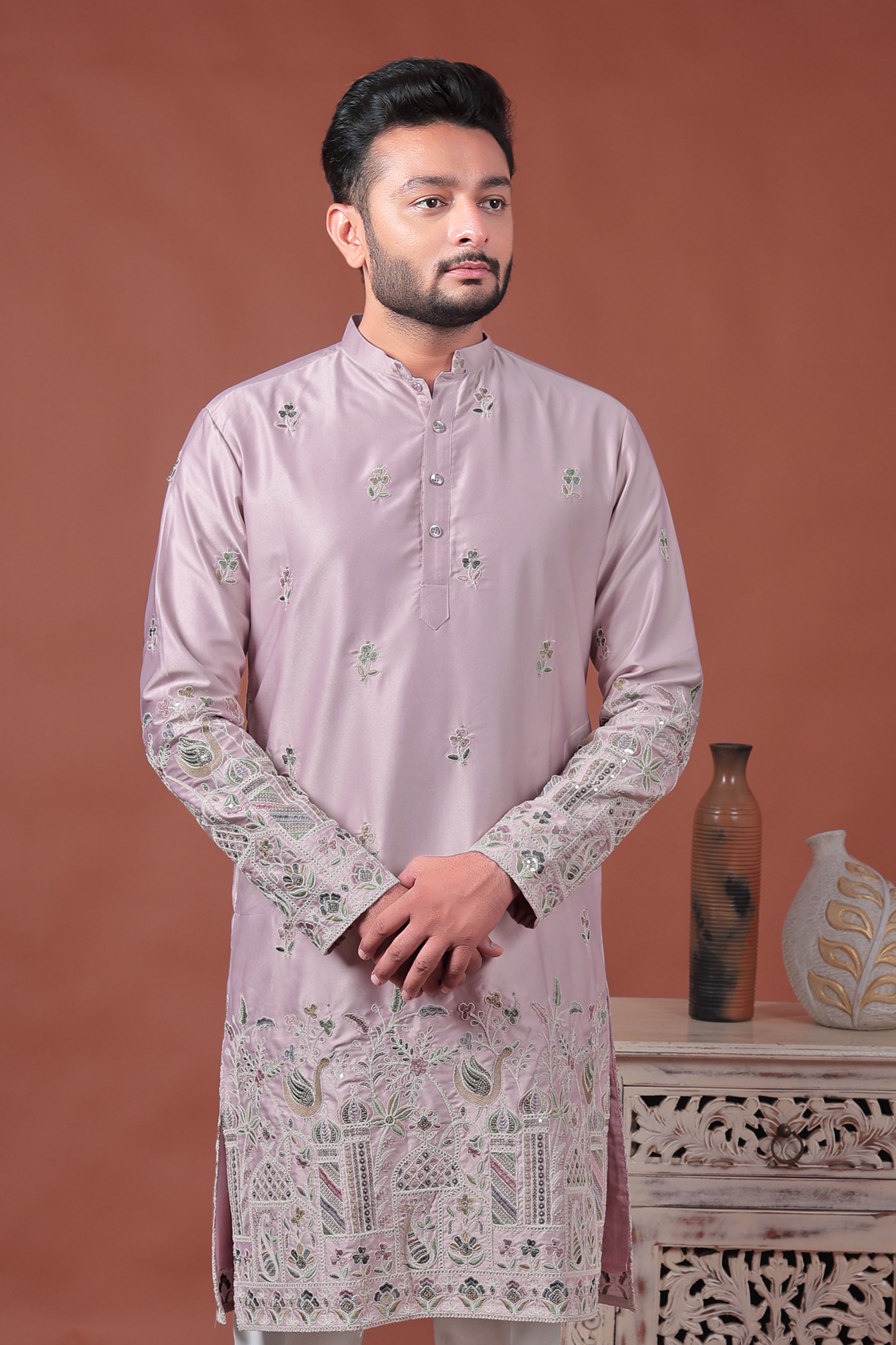 Pink Satin Kurta with Multicolor Embroidery