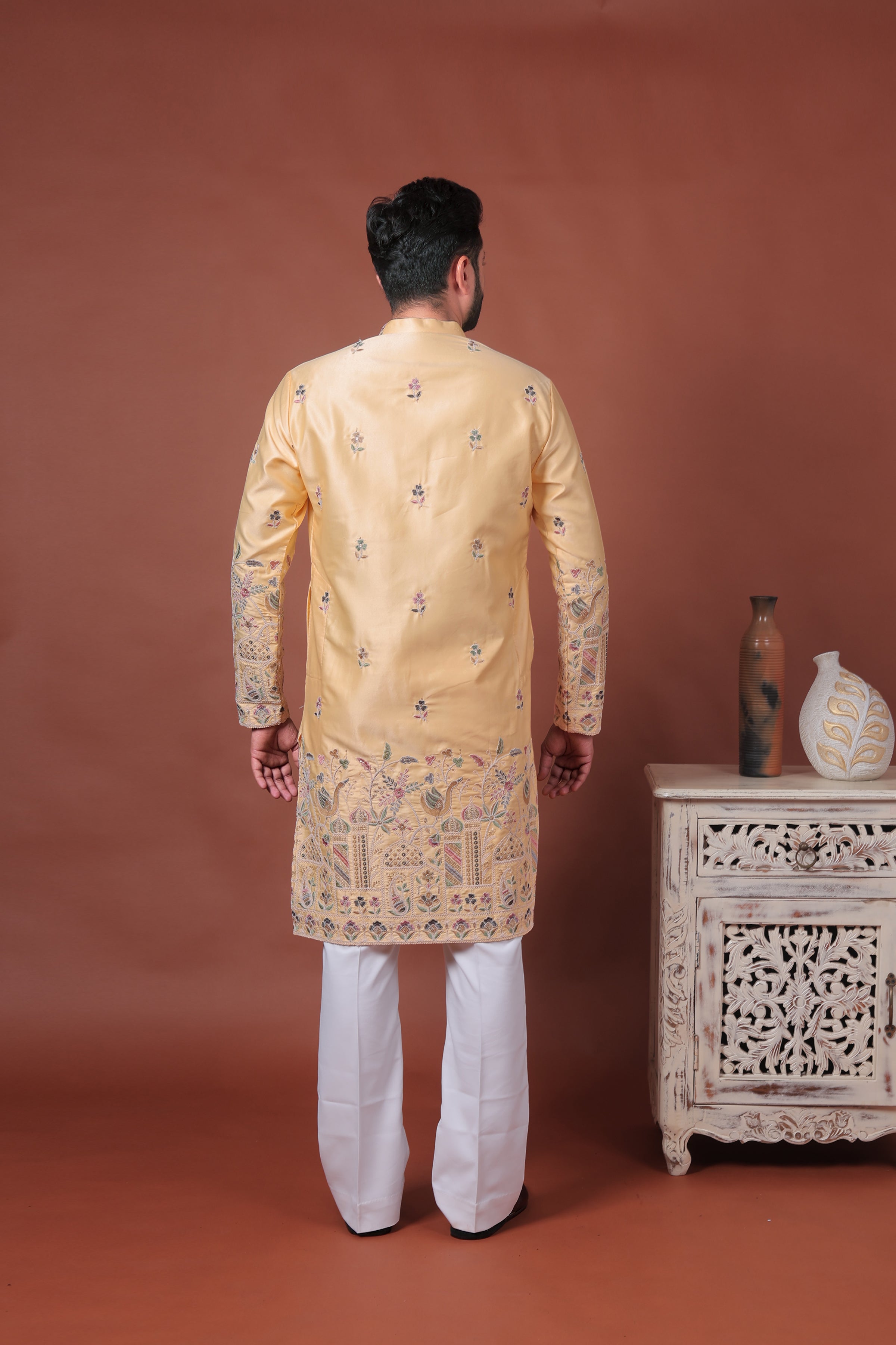 Yellow Satin Kurta with Multicolor Mughal Embroidery