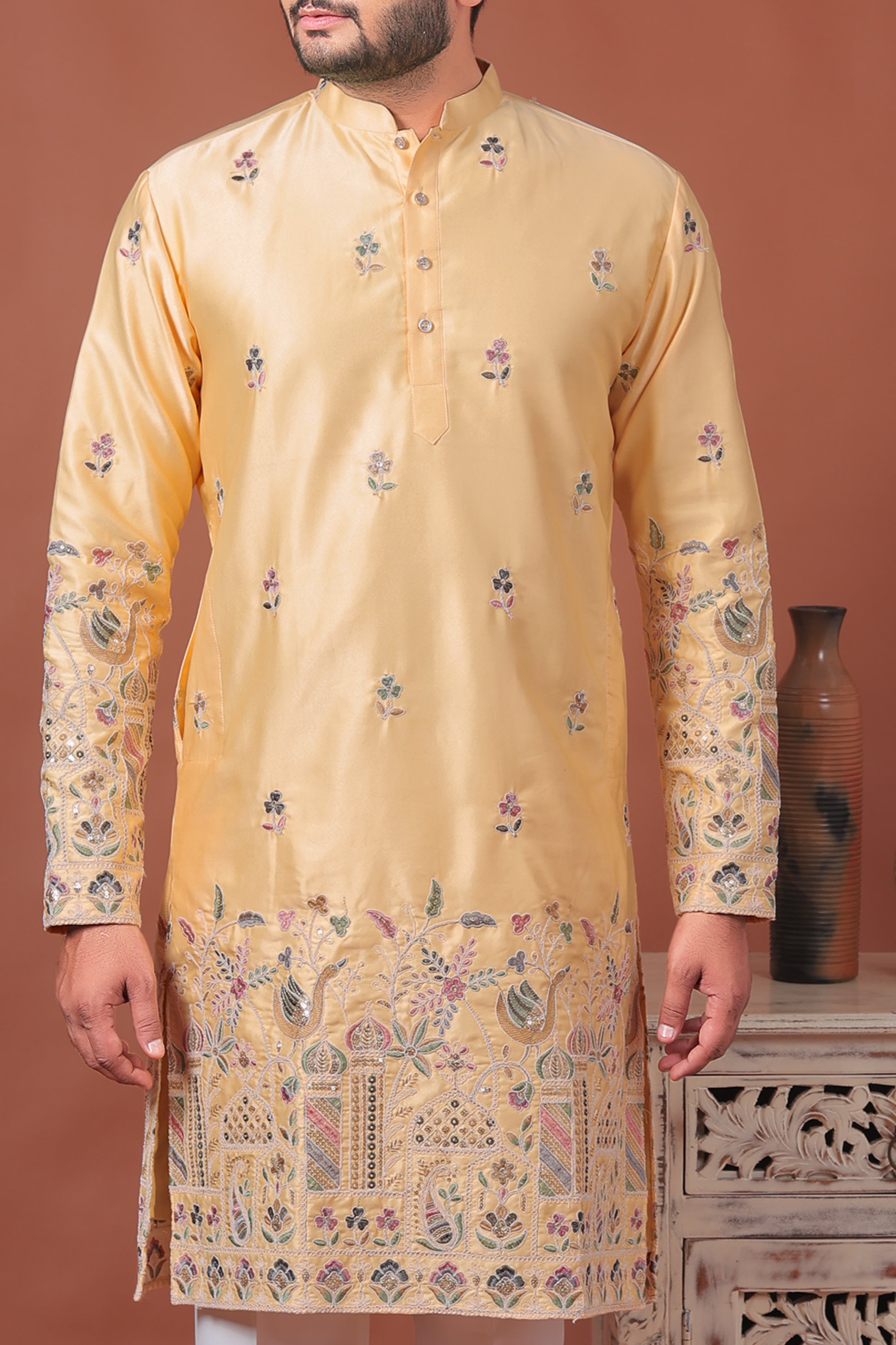 Yellow Satin Kurta with Multicolor Mughal Embroidery