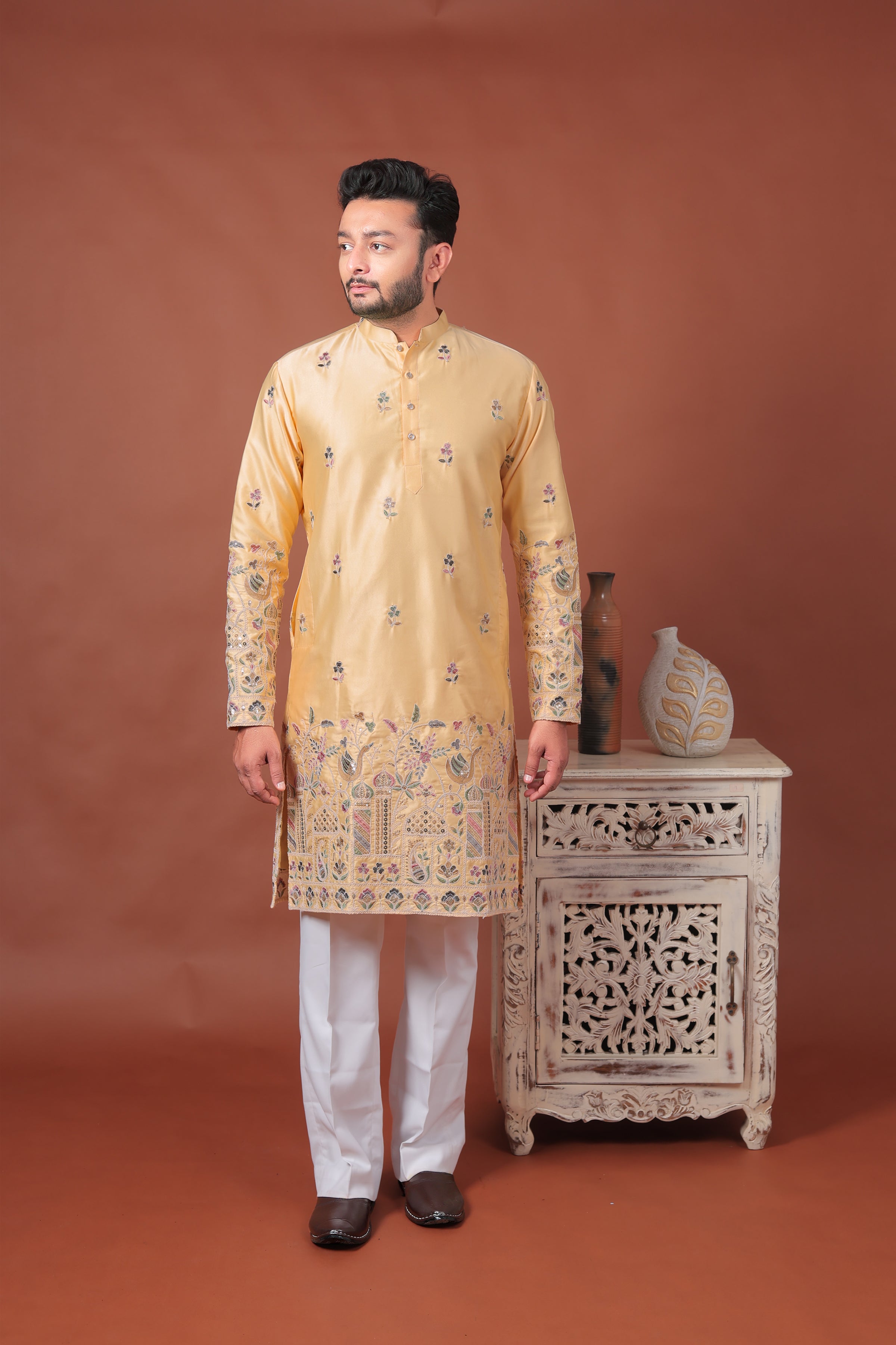 Yellow Satin Kurta with Multicolor Mughal Embroidery
