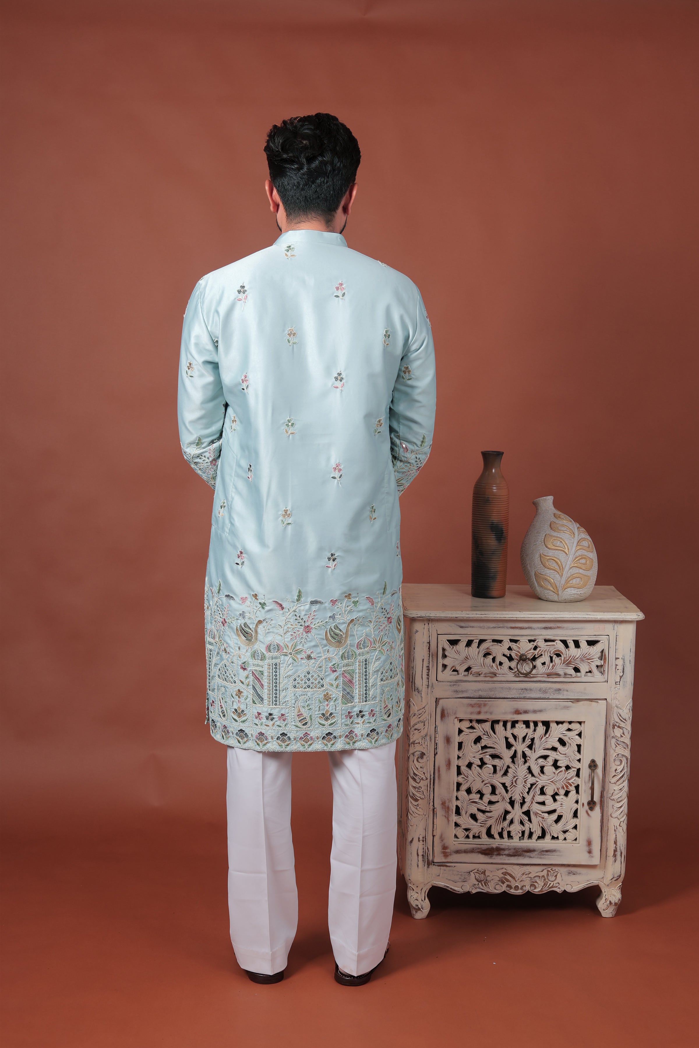 Blue Satin Kurta with Mughal-Inspired Embroidery