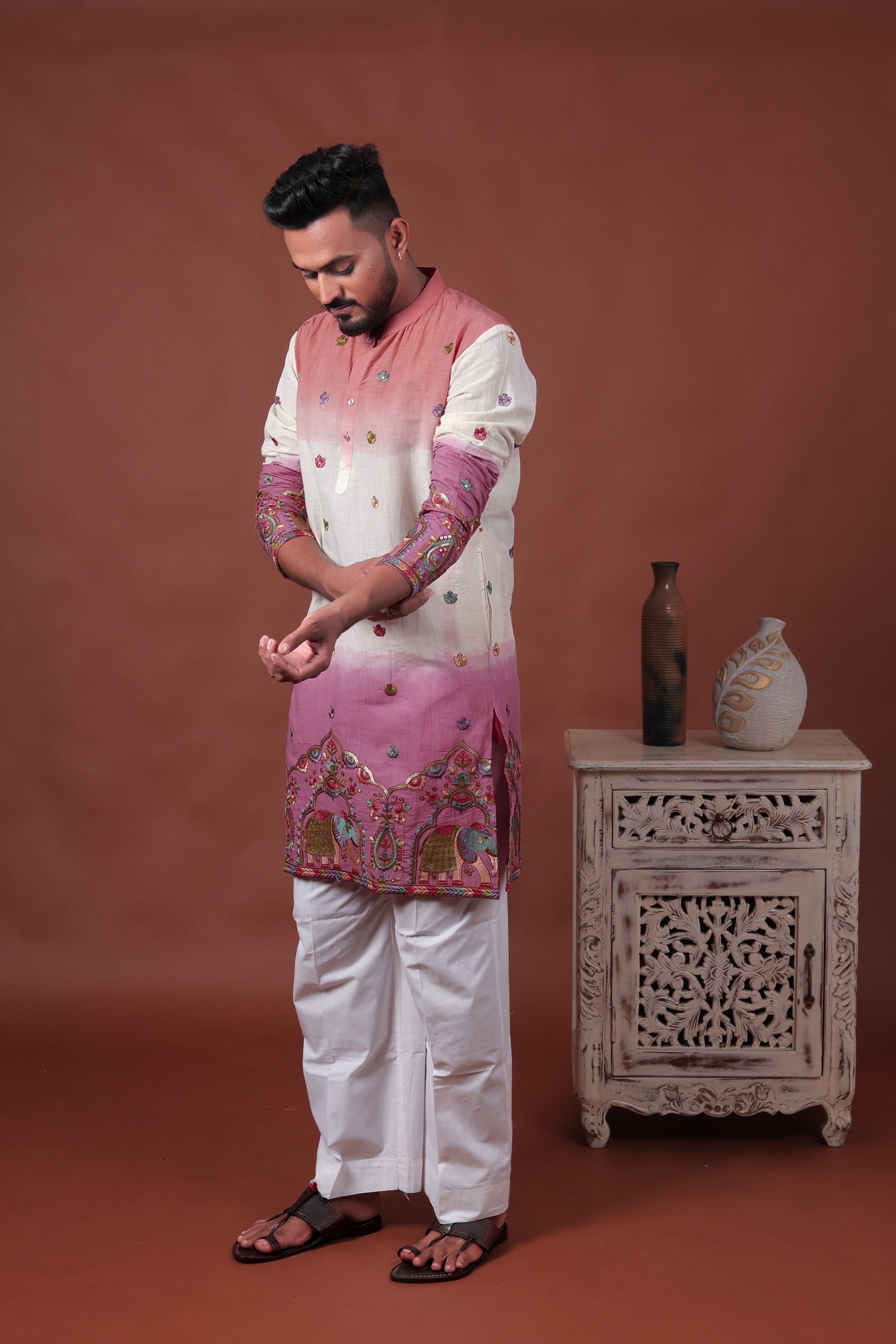 Pink Ombre Kurta with Elephant & Floral Embroidery