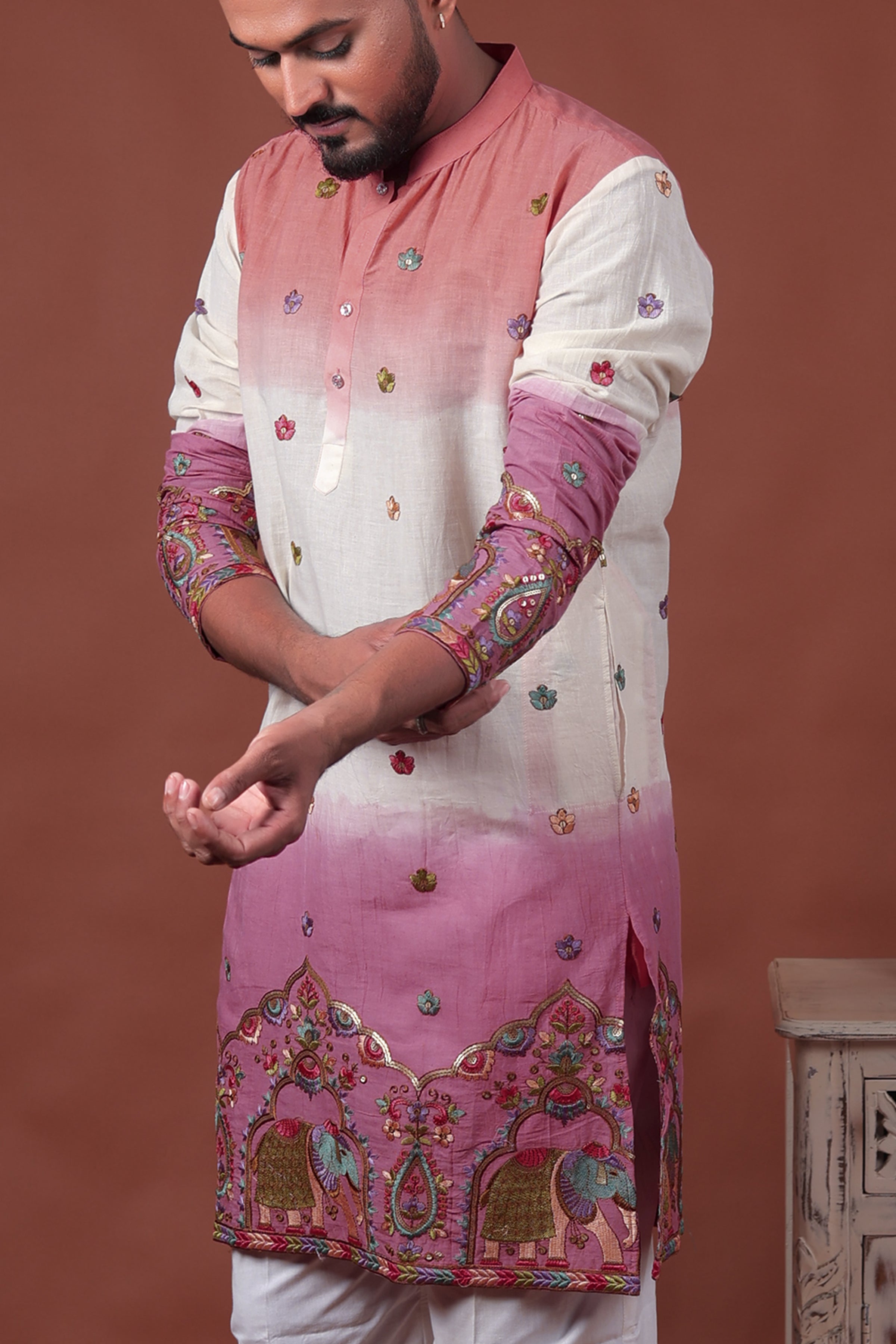 Pink Ombre Kurta with Elephant & Floral Embroidery