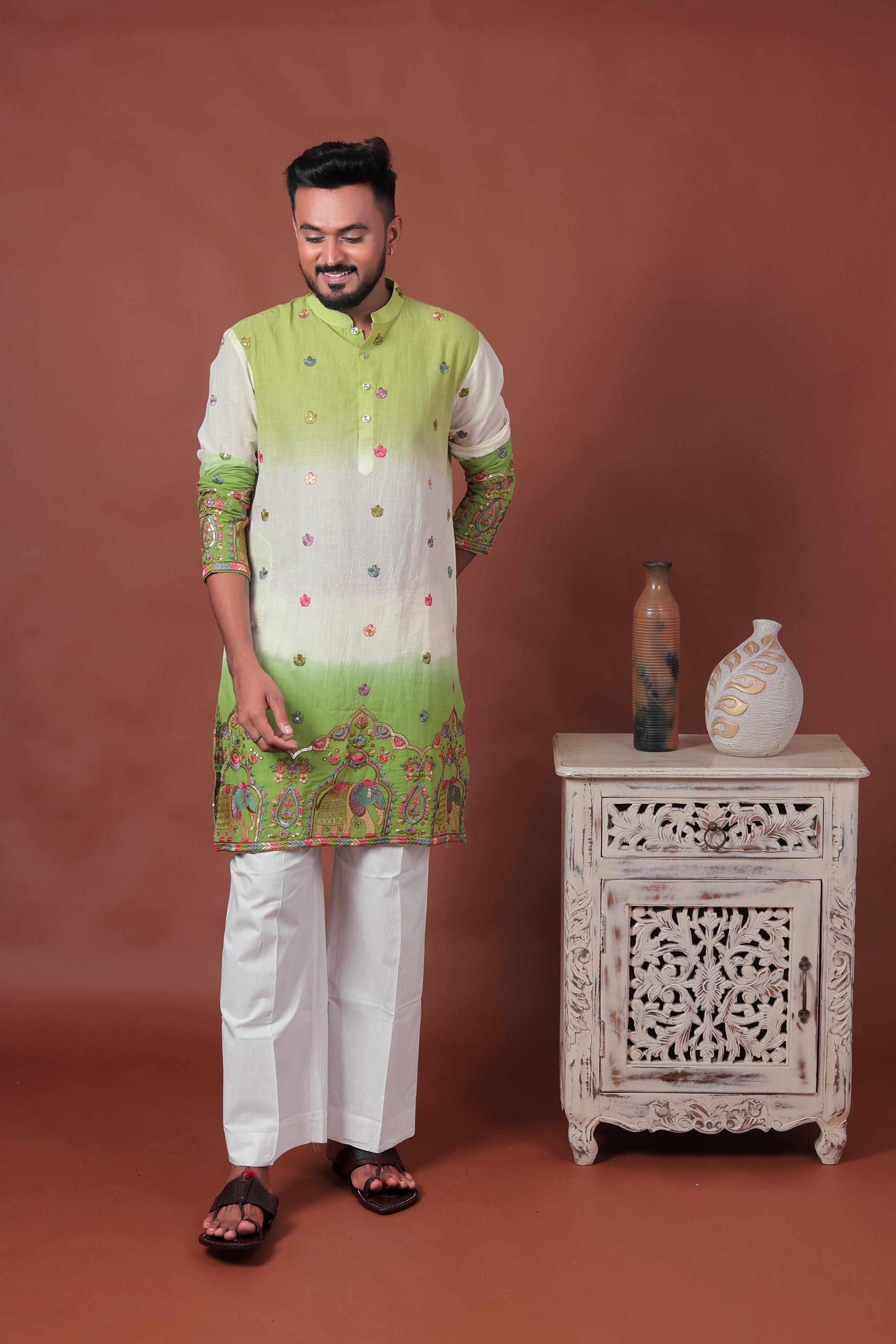 Green Ombre Kurta with Elephant & Floral Embroidery