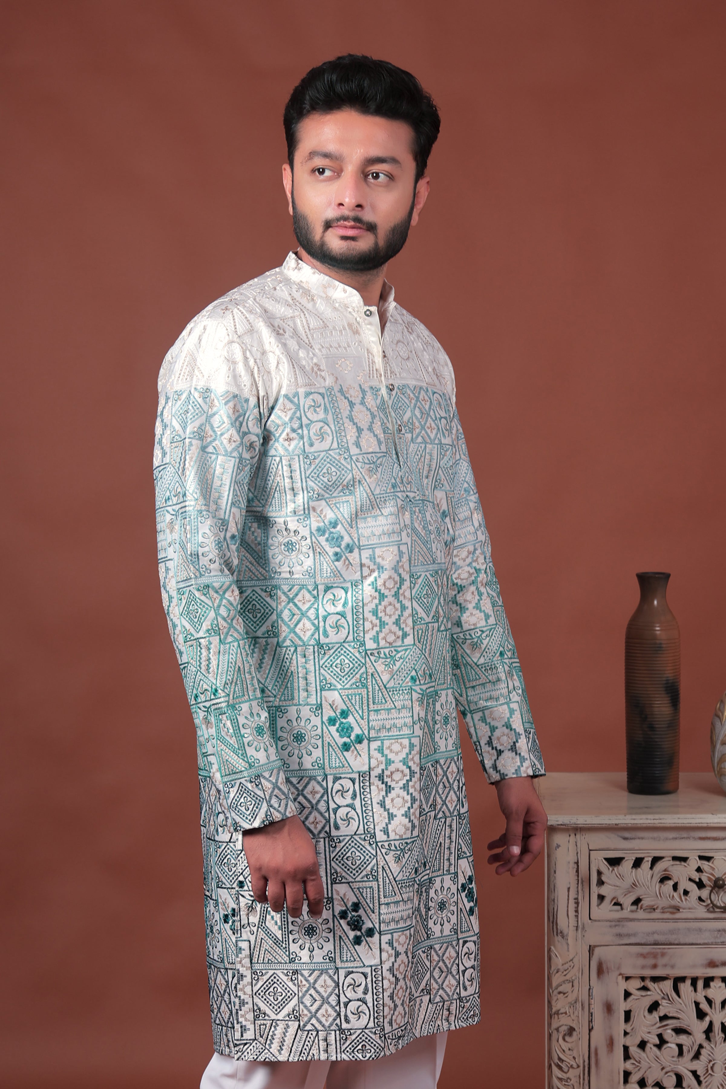 Green Patchwork-Inspired Art Silk Kurta