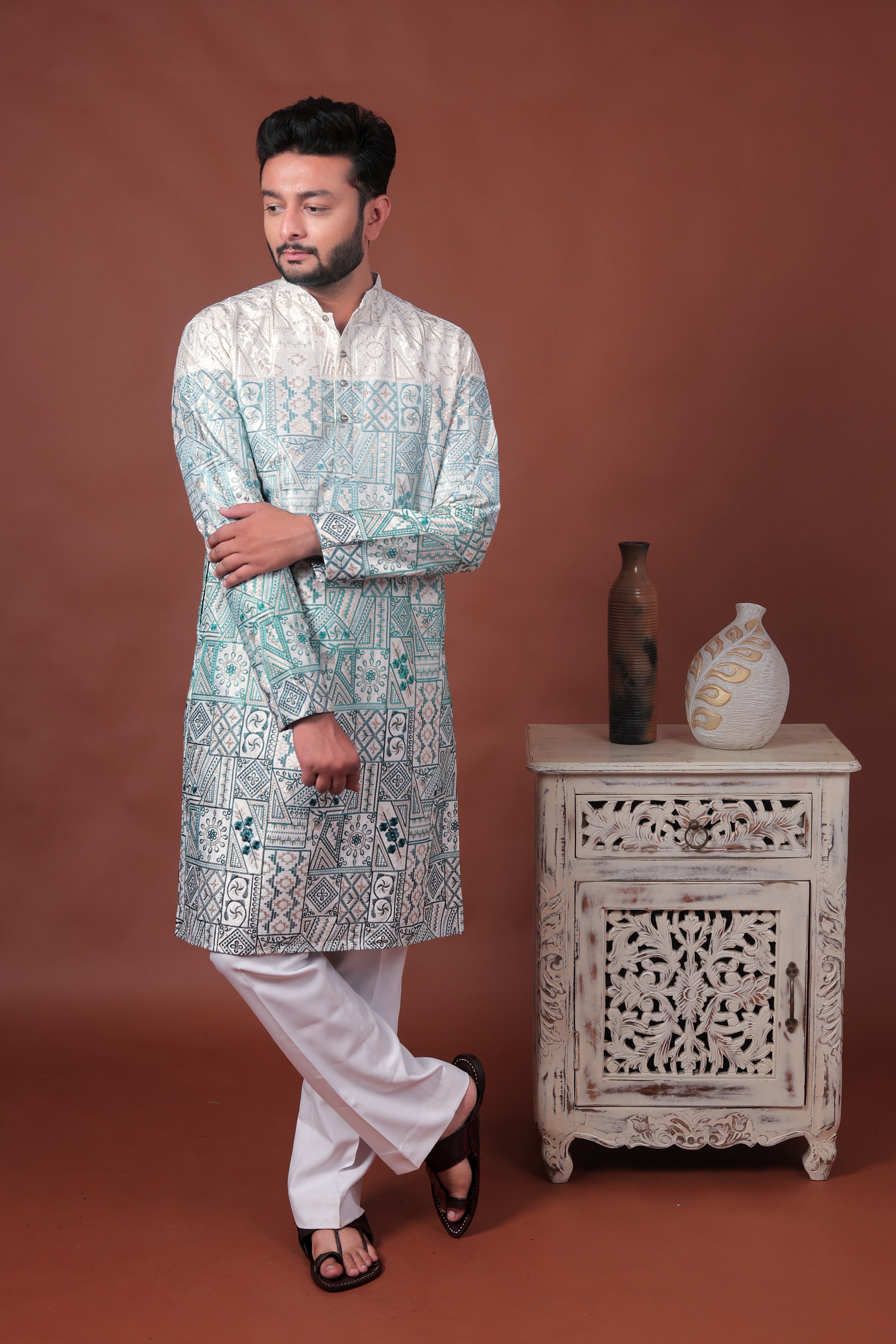 Green Patchwork-Inspired Art Silk Kurta