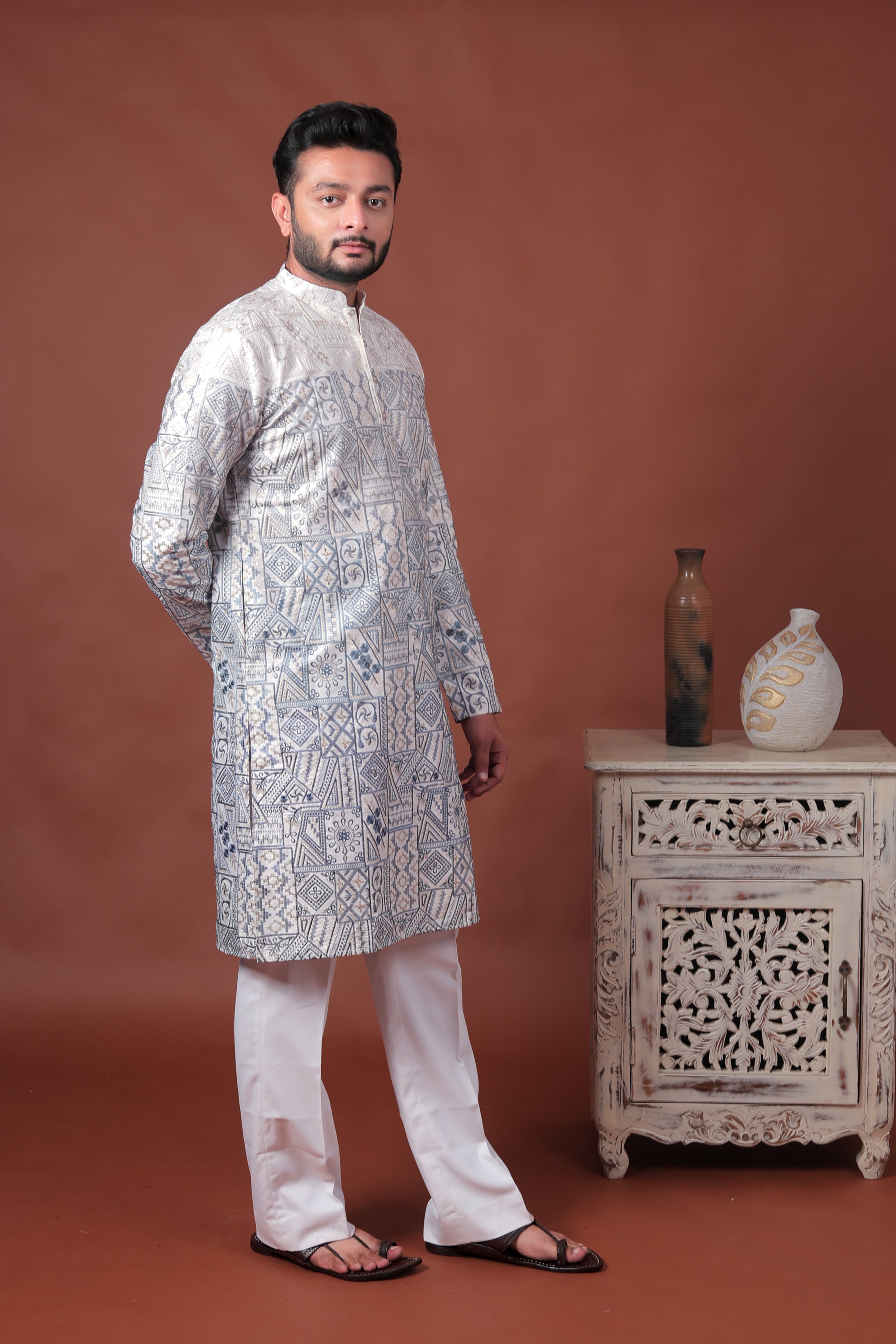 White Patchwork-Inspired Art Silk Kurta