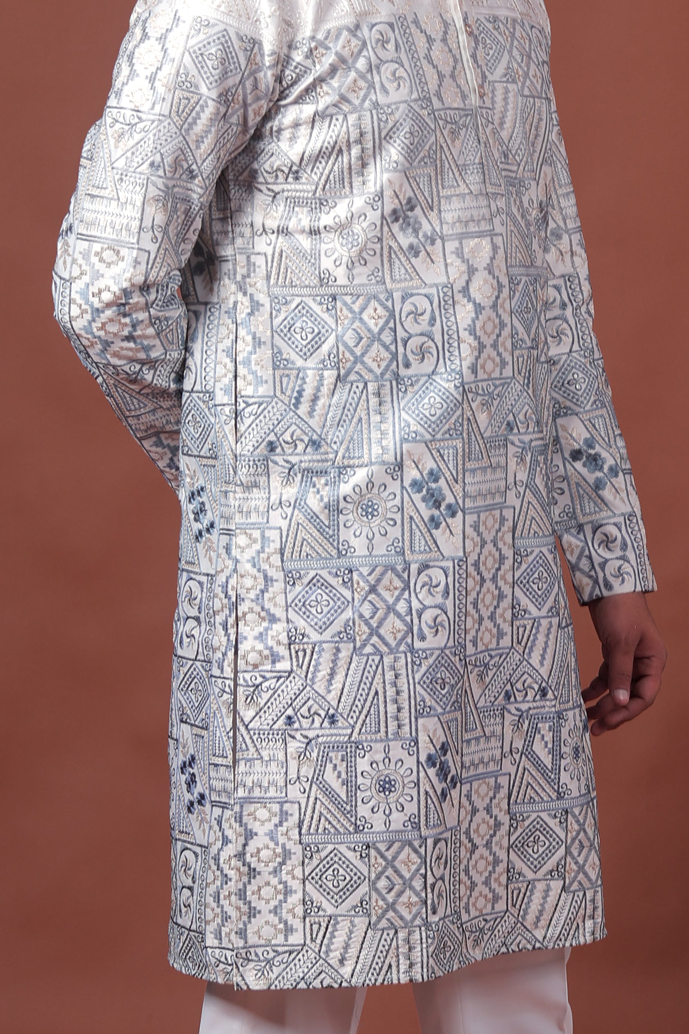 White Patchwork-Inspired Art Silk Kurta