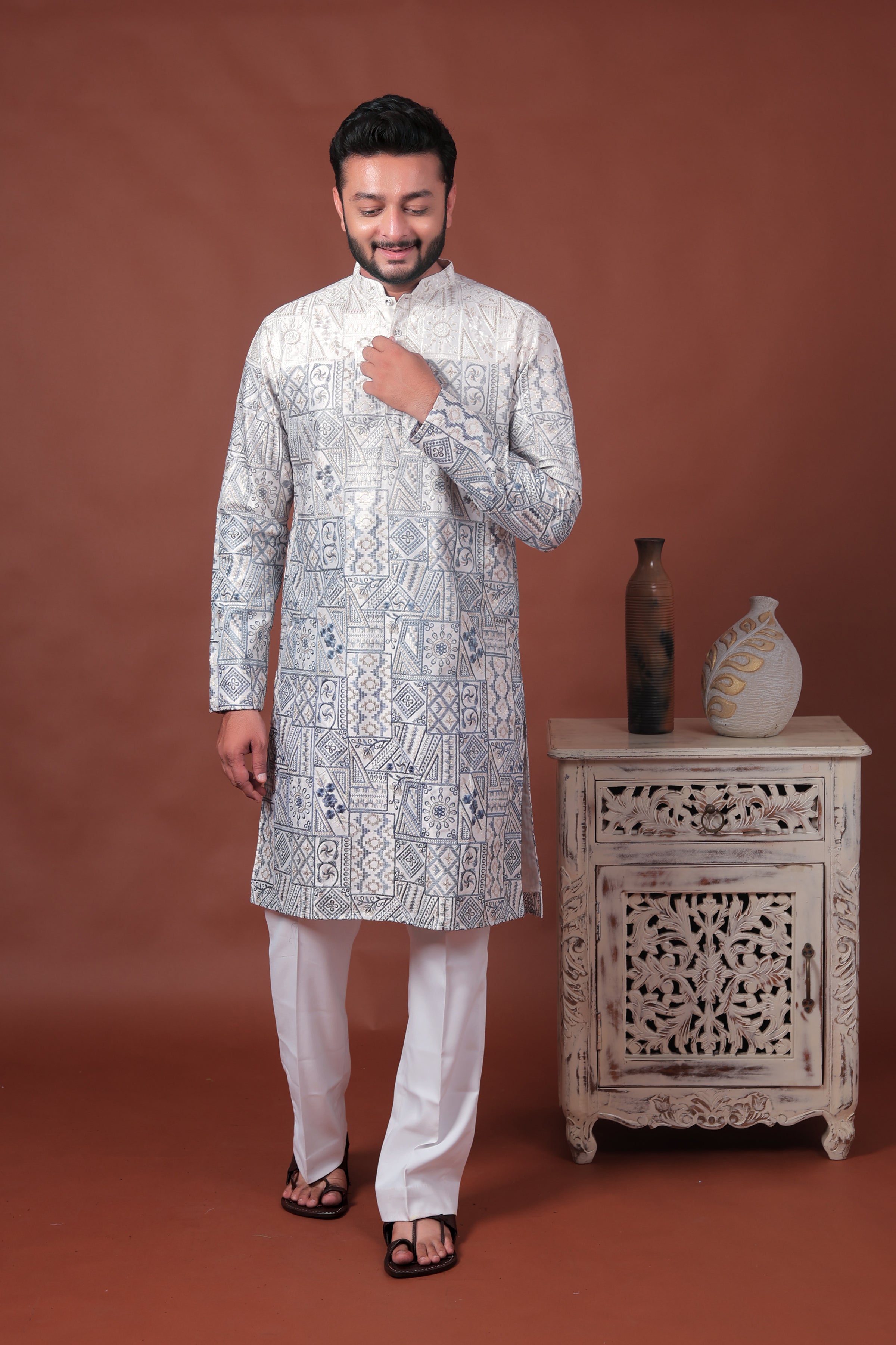 White Patchwork-Inspired Art Silk Kurta