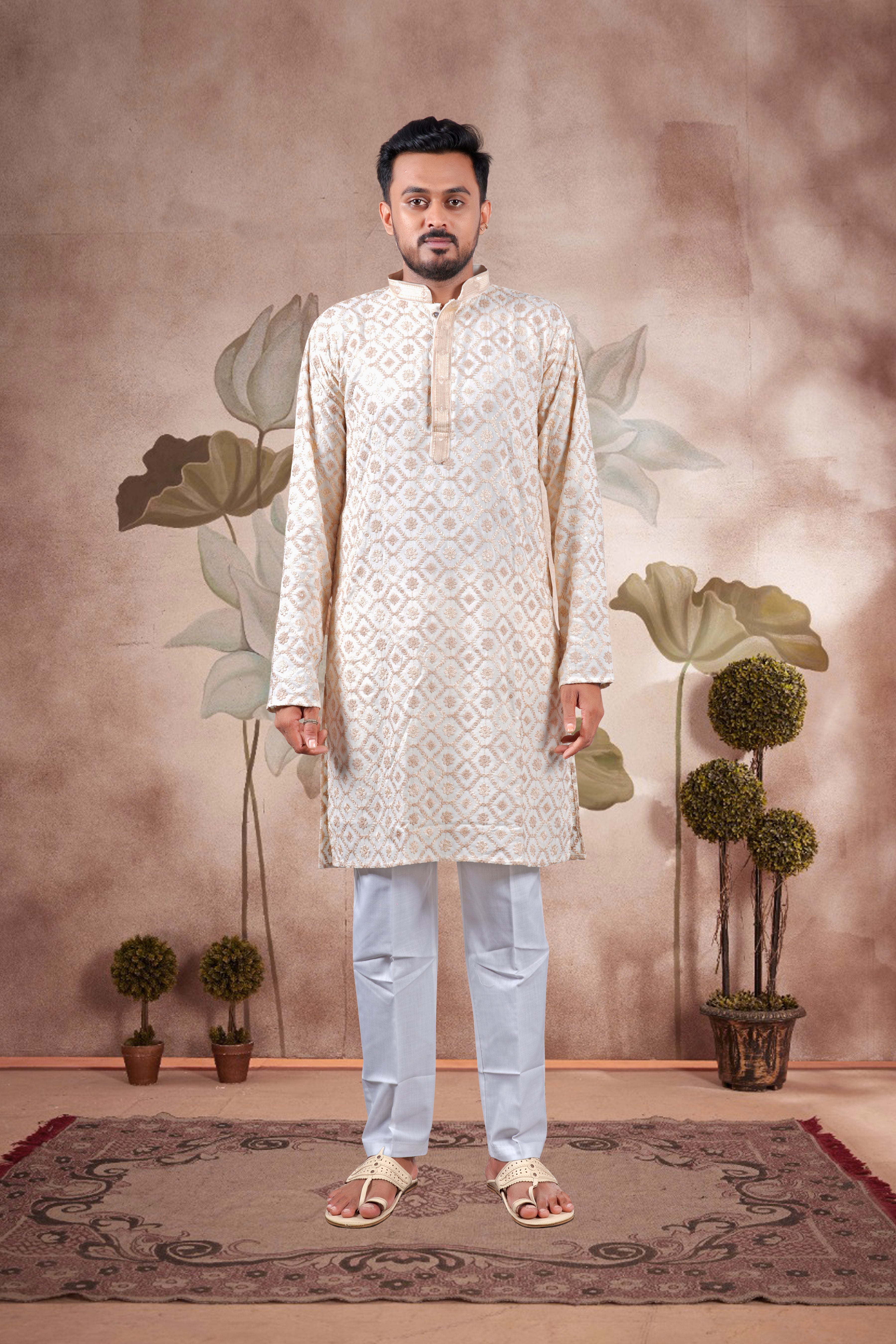 Peach Lucknowi Jacquard Kurta