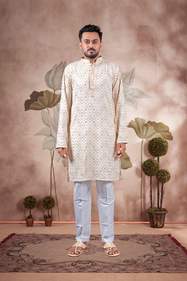 Peach Lucknowi Jacquard Kurta