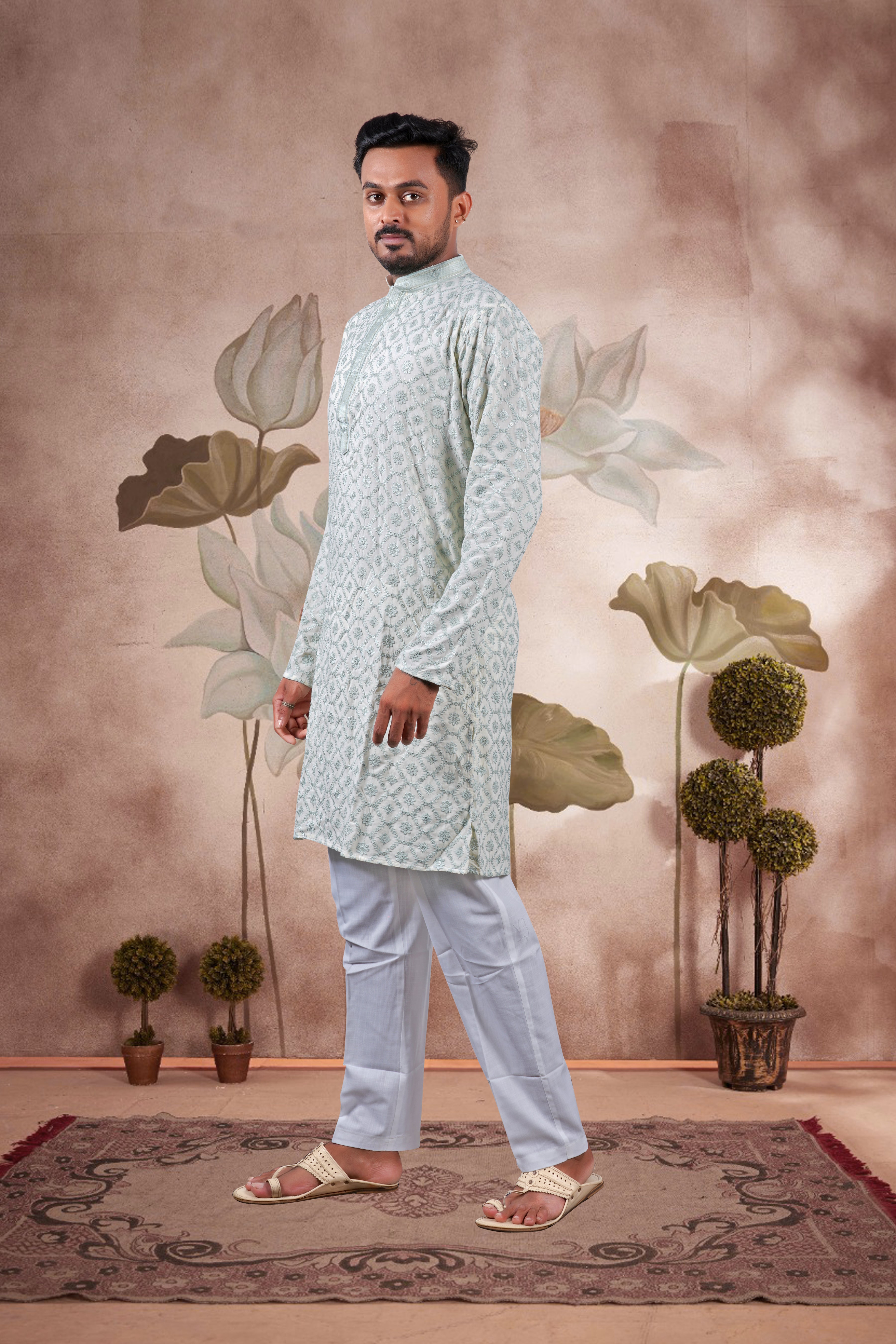 Green Lucknowi Jacquard Kurta
