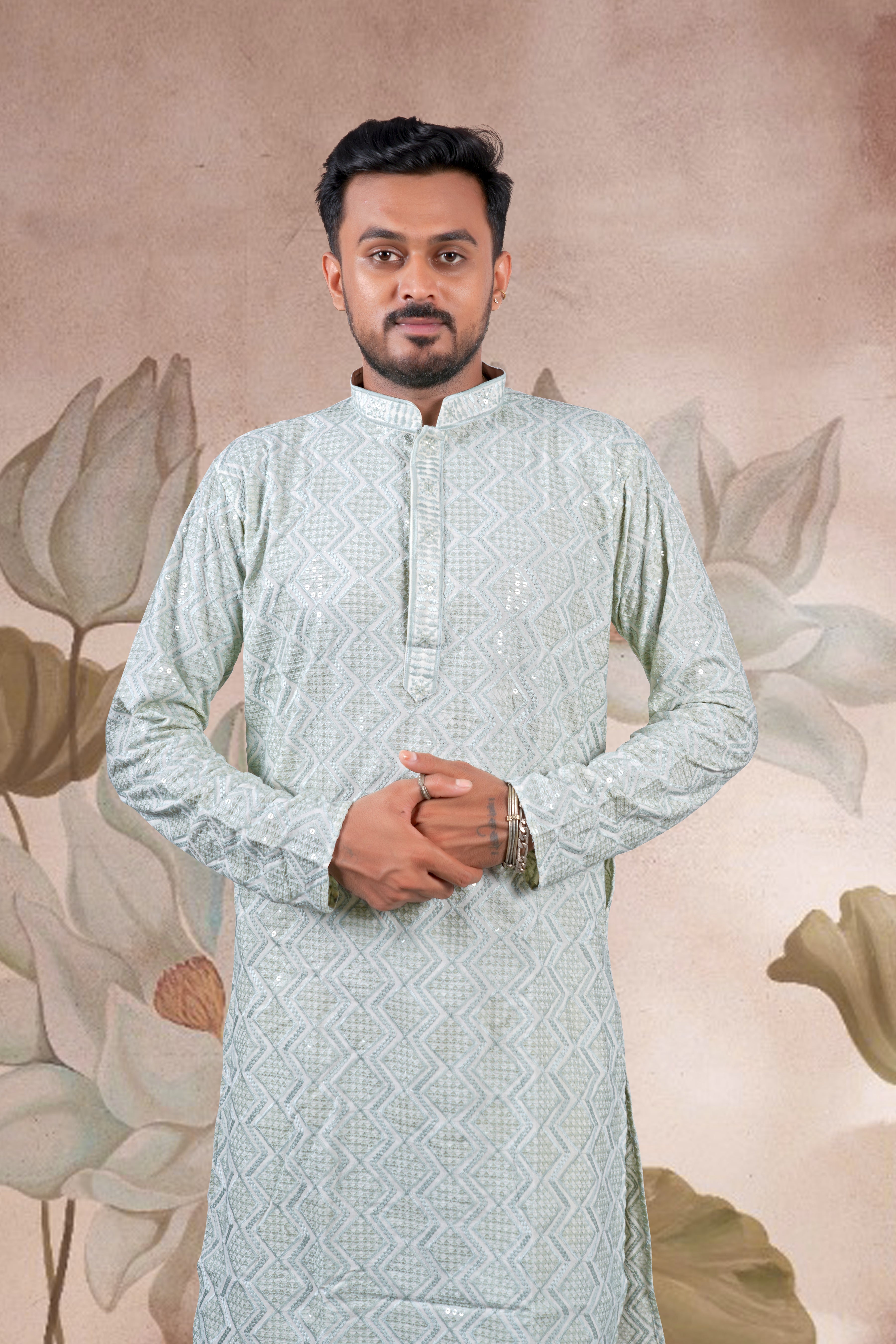 Pista Green Lucknowi Jacquard Kurta