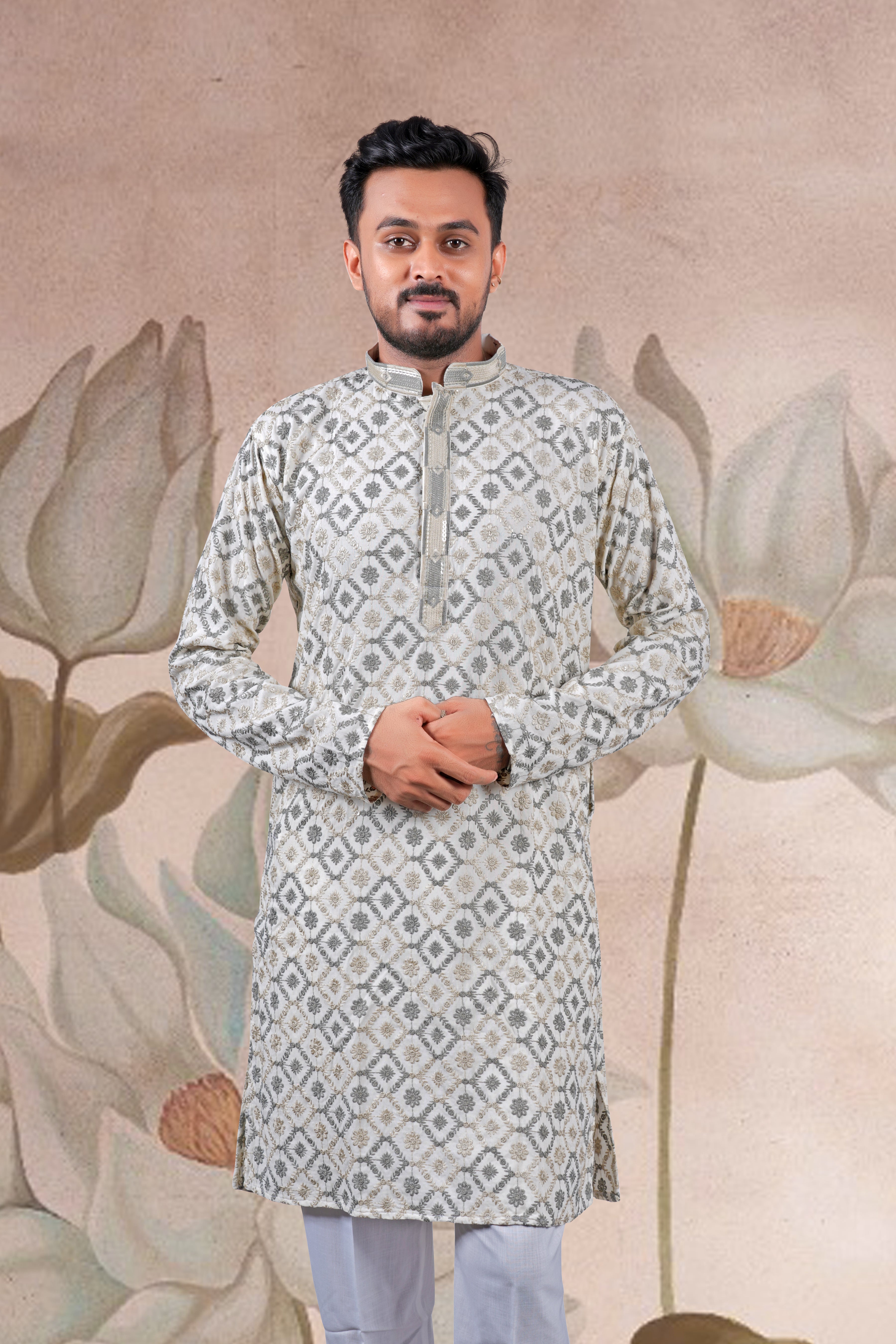 Grey Lucknowi Jacquard Kurta