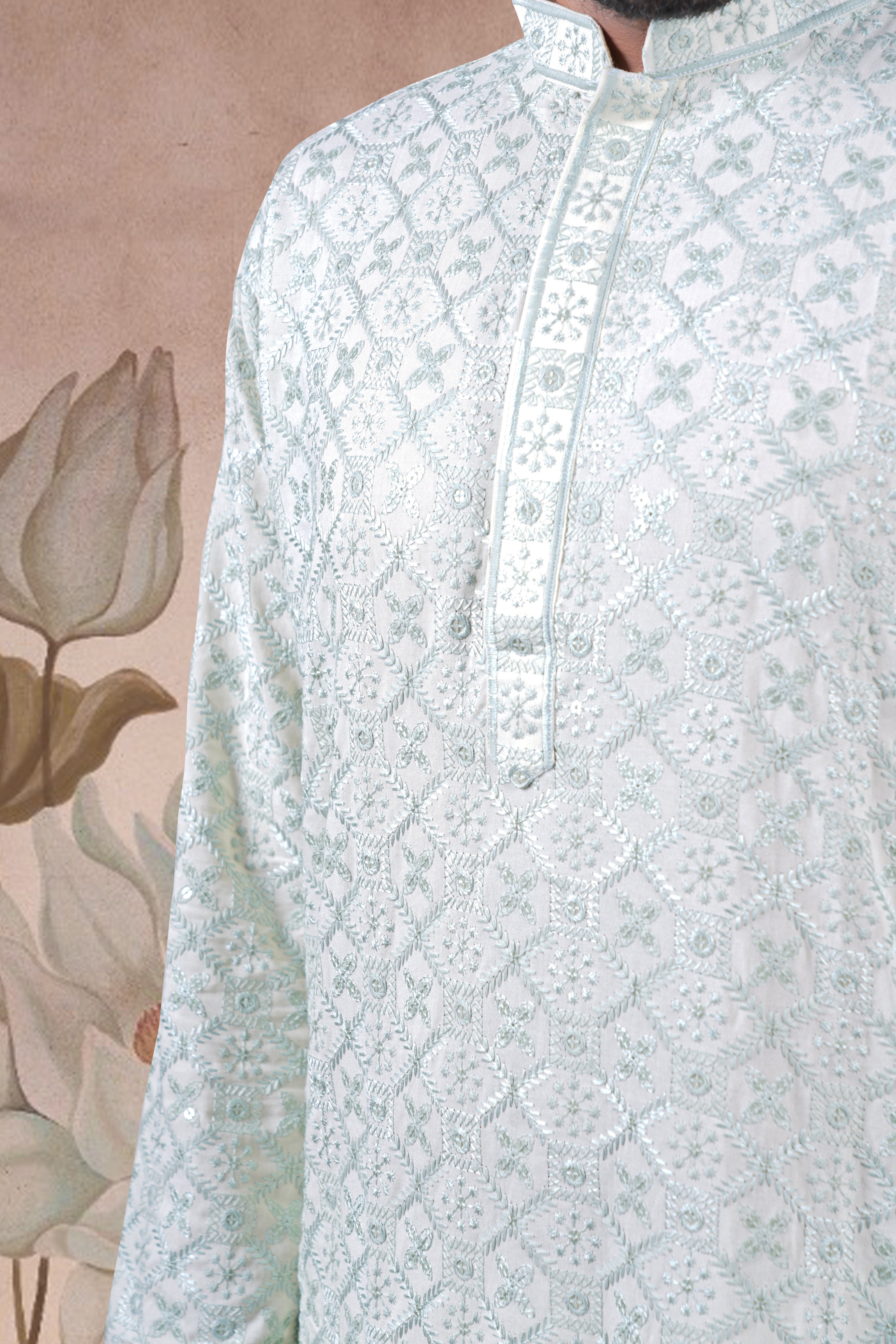 Pista Green Lucknowi Jacquard Kurta