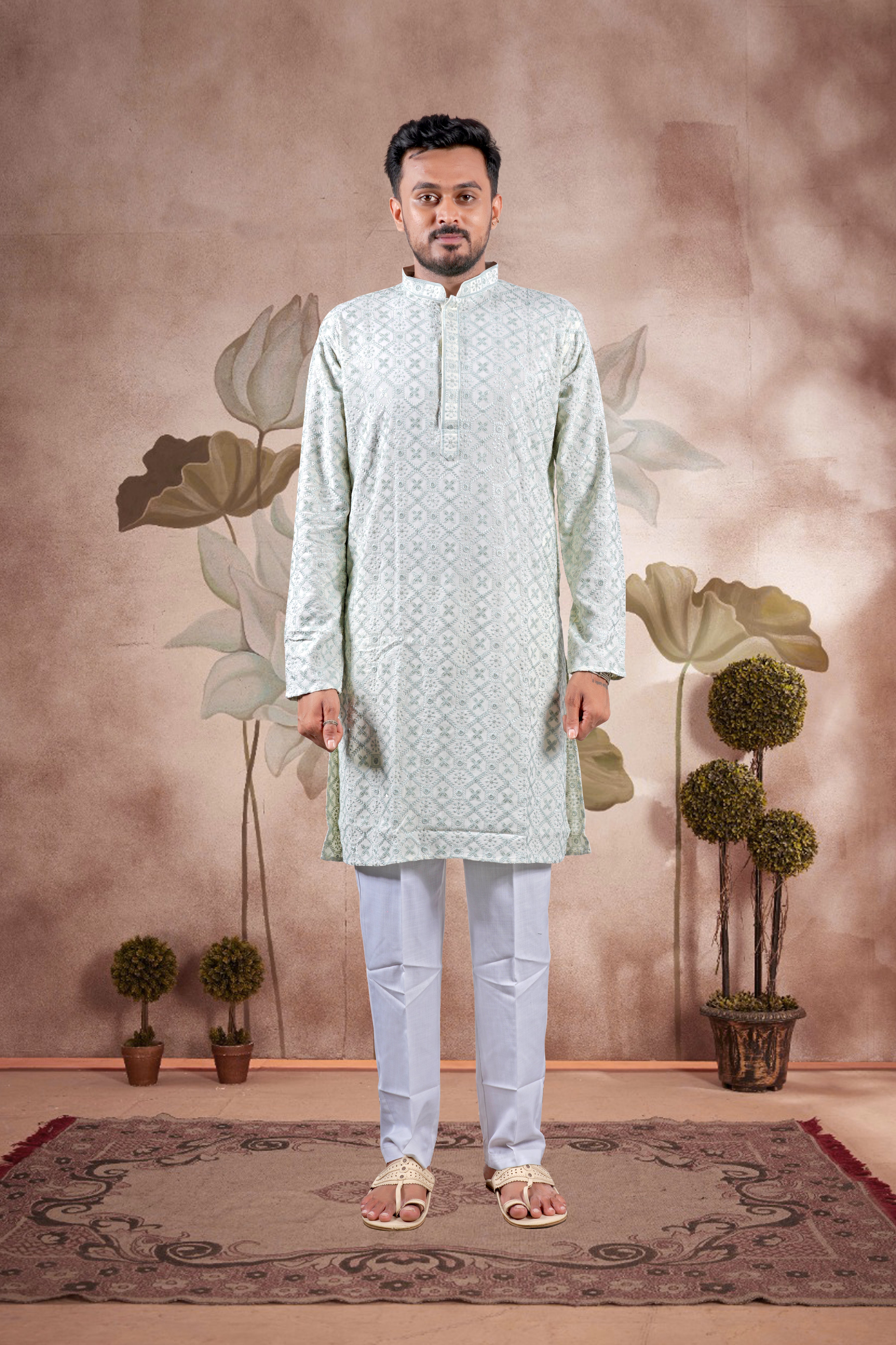 Pista Green Lucknowi Jacquard Kurta